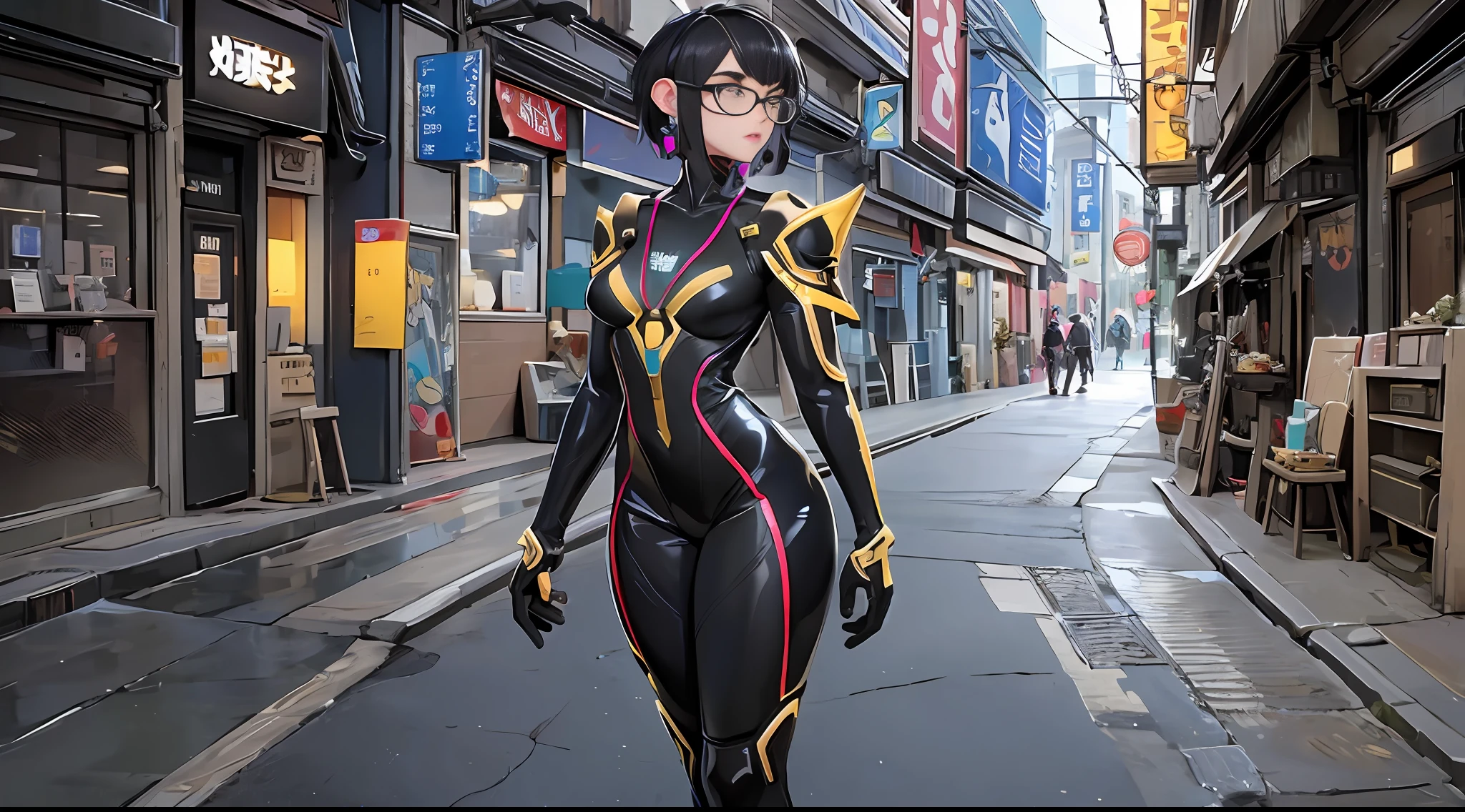 full body picture Unreal Engine 5 8K UHD Octane, fractal, pi, realistic beautiful girl, face detailed, wearing cyberpunk futuristic black latex catsuit, gold lace, latex glove, earrings, short hair, gold necklace, glasses, best quality, masterpiece