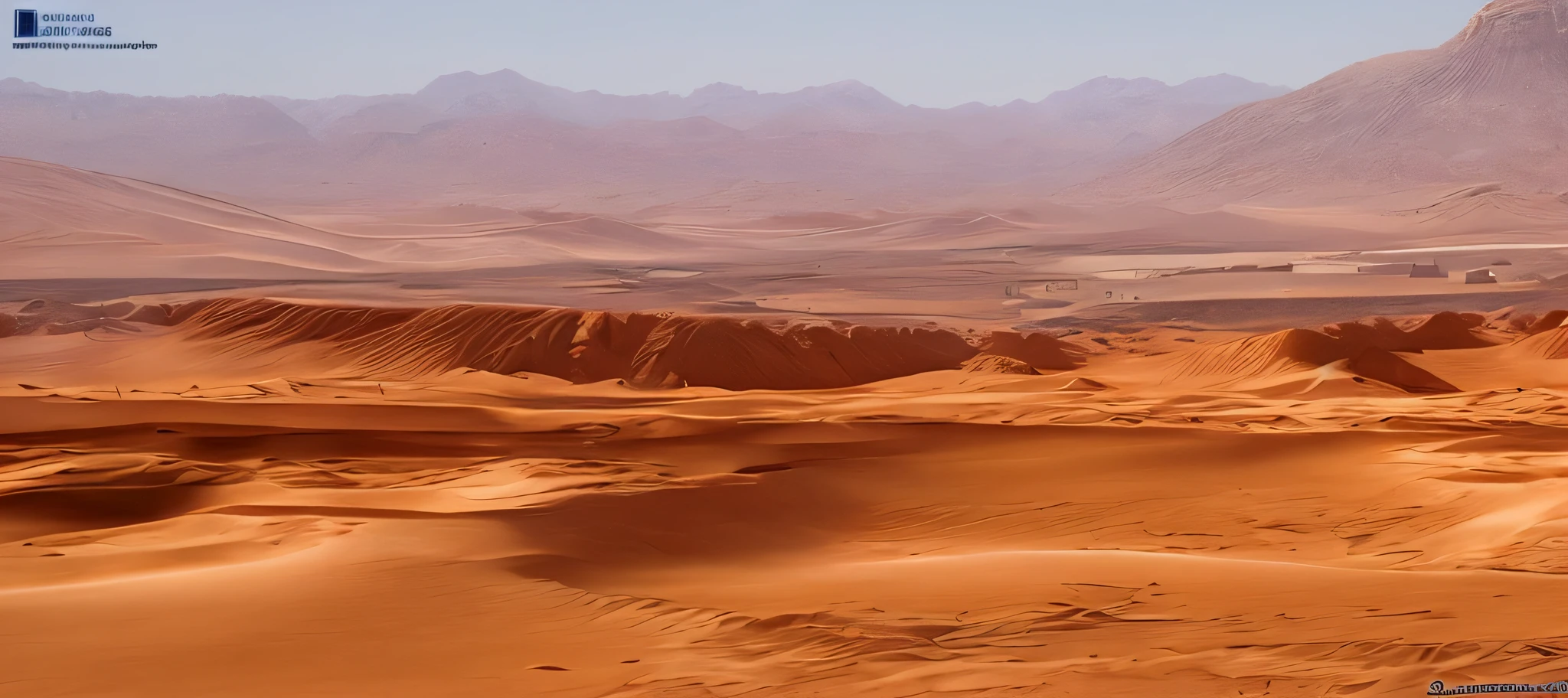 There is a picture of a desert with a ruined city in the background.