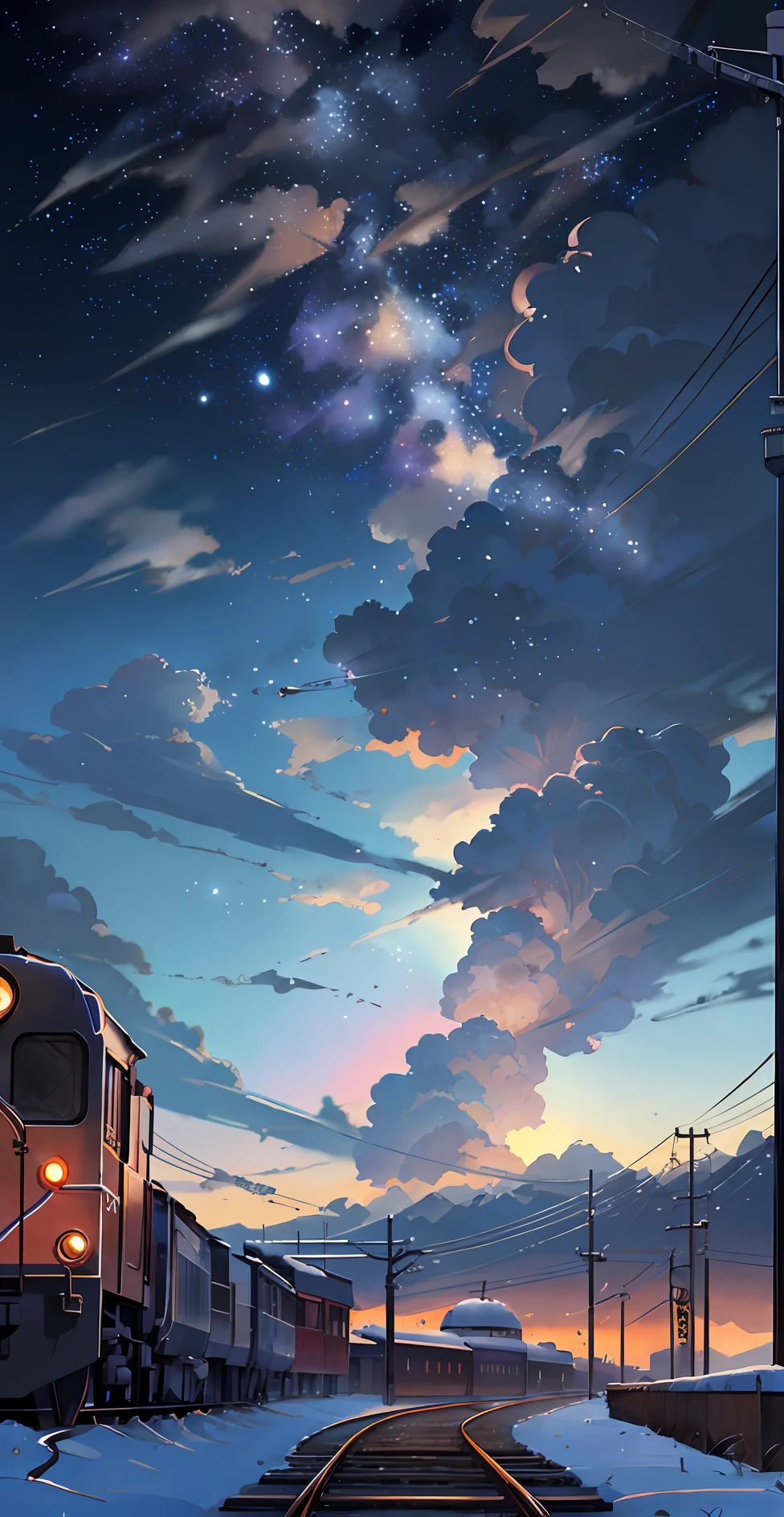 There is a train running along the tracks in the snow, Makoto Shinkai's concept art, tumblr, magic realism, beautiful anime scenes, cosmic sky. by makoto shinkai, ( ( makoto shinkai ) ), anime background art, anime backgrounds, Makoto Shinkai's style, anime movie backgrounds, galaxy express, no humans.