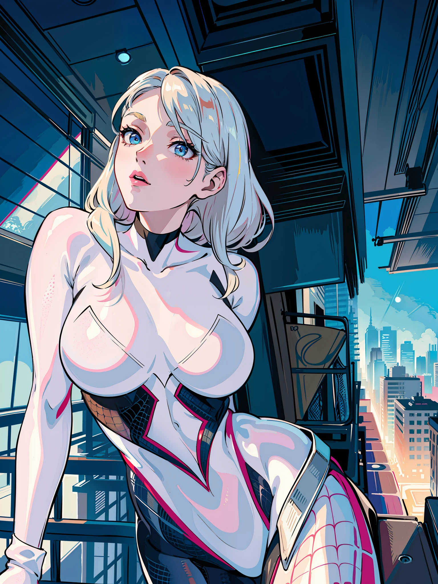 ((masterpiece, best quality)),
spider gwen \(spiderverse), highres, highest quallity, illustration, cinematic light, ultra detailed, detailed face, (detailed eyes), best quality, hyper detailed, masterpiece, (detailed face), large breasts, clevage,, portrait, spider gwen suit, revealing clothes bikini, bare body, sexy curves ,highest details, luminous eyes, (hotel:1.2), window, night sky, backlighting, light rays, (high contrast), (colorful),