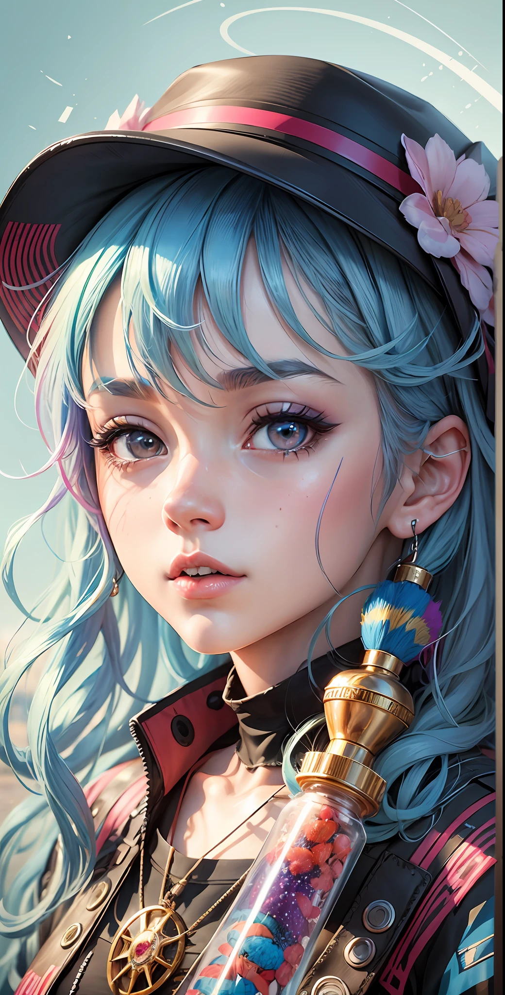 a girl with blue hair and a colorful hat is wearing a colorful outfit, stunning anime face portrait, beautiful character painting, detailed portrait of anime girl, beautiful anime portrait, cute detailed digital art, beautiful anime style, detailed digital anime art, anime styled digital art, beautiful anime art style, kawaii realistic portrait, young anime girl, by Yuumei, digital anime art, 8k, raw, ultimate realistic, highly detailed --auto --s2