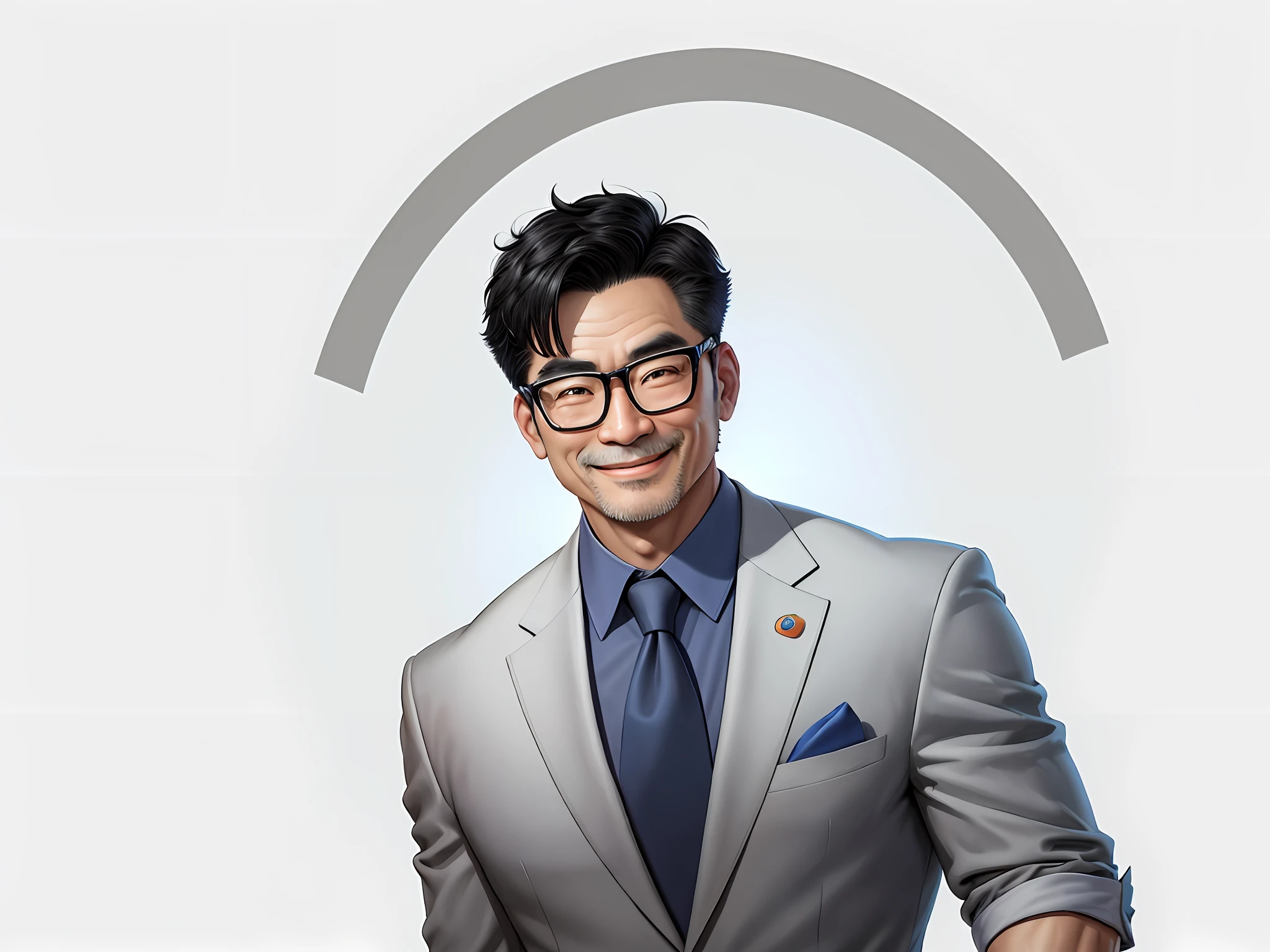 Taiwanese middle-aged uncle male portrait, extremely detailed face, black hair, (super short hair) middle-aged handsome uncle, Taiwanese man, silver glasses, slightly chubby face, very clean face, black super short hair, black eyes, black suit, blue tie, confident smile, digital painting, film, character design of Mark Laedon and Pixar and Hayao Miyazaki, the illustration is a 4K resolution HD illustration with very detailed facial features and cartoon-style visuals.