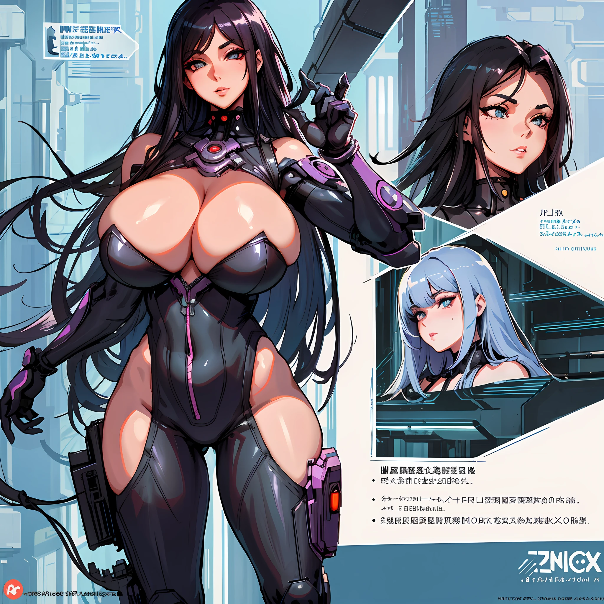 reference sheet, concept character, character design, sketch,doodletits,, sexy lips,
(gigantic and massive tits:1.1), breasts, official illustration, illustration, detailed face, beautiful intricate eyes, curvy milf, 1:2), closeup, titsnipples, cyberpunk outfit
