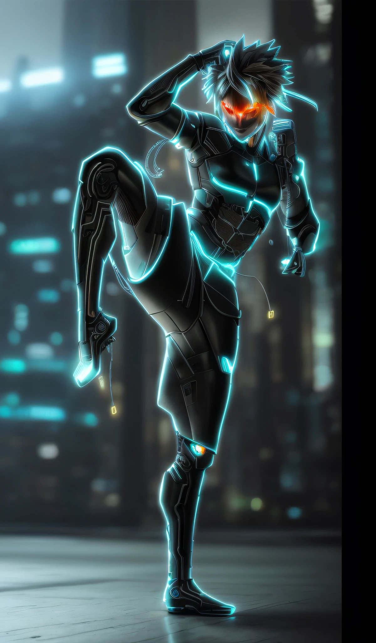((Best quality, hyper-detailed CG image, masterpiece)), create a stunning artwork in the cyberpunk style, portraying a ciborgue with half of the face devoid of skin, revealing exposed mechanical parts reminiscent of the Terminator from the future. The image should showcase intricate details, highlighting the fusion of organic and mechanical elements. The ciborgue's exposed machinery should exhibit a sense of functionality, with gears, wires, and circuits visible. Pay close attention to lighting and reflections, enhancing the metallic textures and creating a futuristic ambiance. The color scheme should be dominated by metallic tones, such as silver, gunmetal, and blue accents. Employ computer graphics techniques to achieve a photorealistic rendering, making the artwork appear as if it was captured in the real world. The final piece should be visually captivating, evoking a sense of awe and fascination. On eye level, scenic, masterpiece.