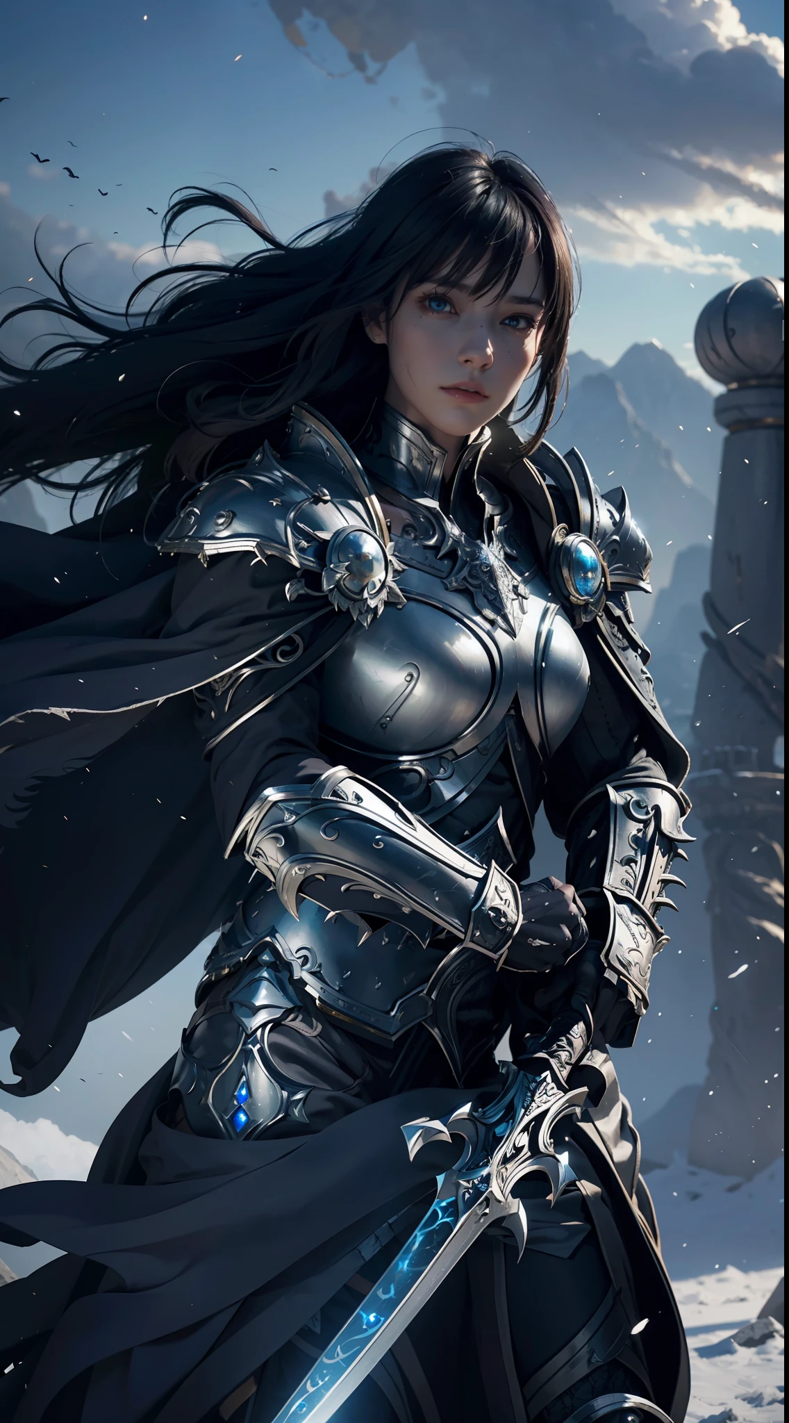 8k,ultra detailed, masterpiece, best quality, (extremely detailed), dynamic angle, Mysterious expression, wind effect, fantasy background, rim lighting, cinematic light, ultra high res, 8k uhd, film grain,best shadow, delicate, RAW, light particles, detailed skin texture, detailed armor texture, detailed face, intricate details, ultra detailed, bright, strong, silver armor, (holding weapon), slashing, slash action, pauldrons, glowing eyes, long cape, fantasy, (realistic), shoulder armor, complex, intricate, perfect lighting, looking at viewer, cinematic lighting, flying in sky,flying, holy light, vivid, bangs, windy, ((2 woman in battle))