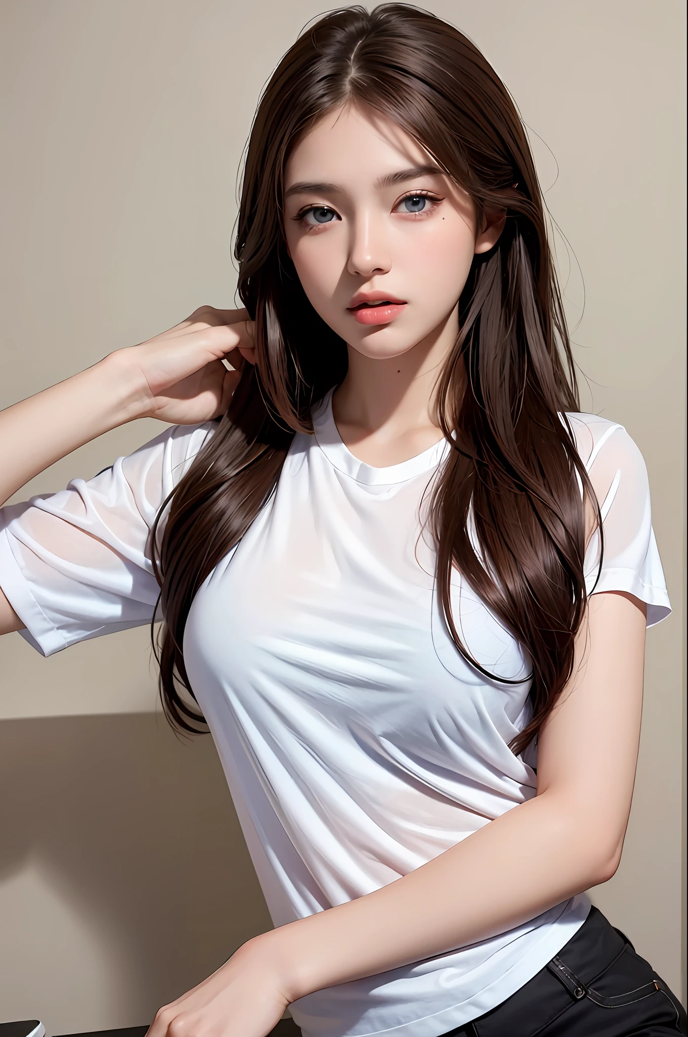 Best Quality, Masterpiece, Ultra High Resolution, (Realistic: 1.6), Original Photo, Realistic, High Resolution, 1 Girl, Brown Hair, Korean, Blue Eyes, White Shirt, Tight Black Shorts