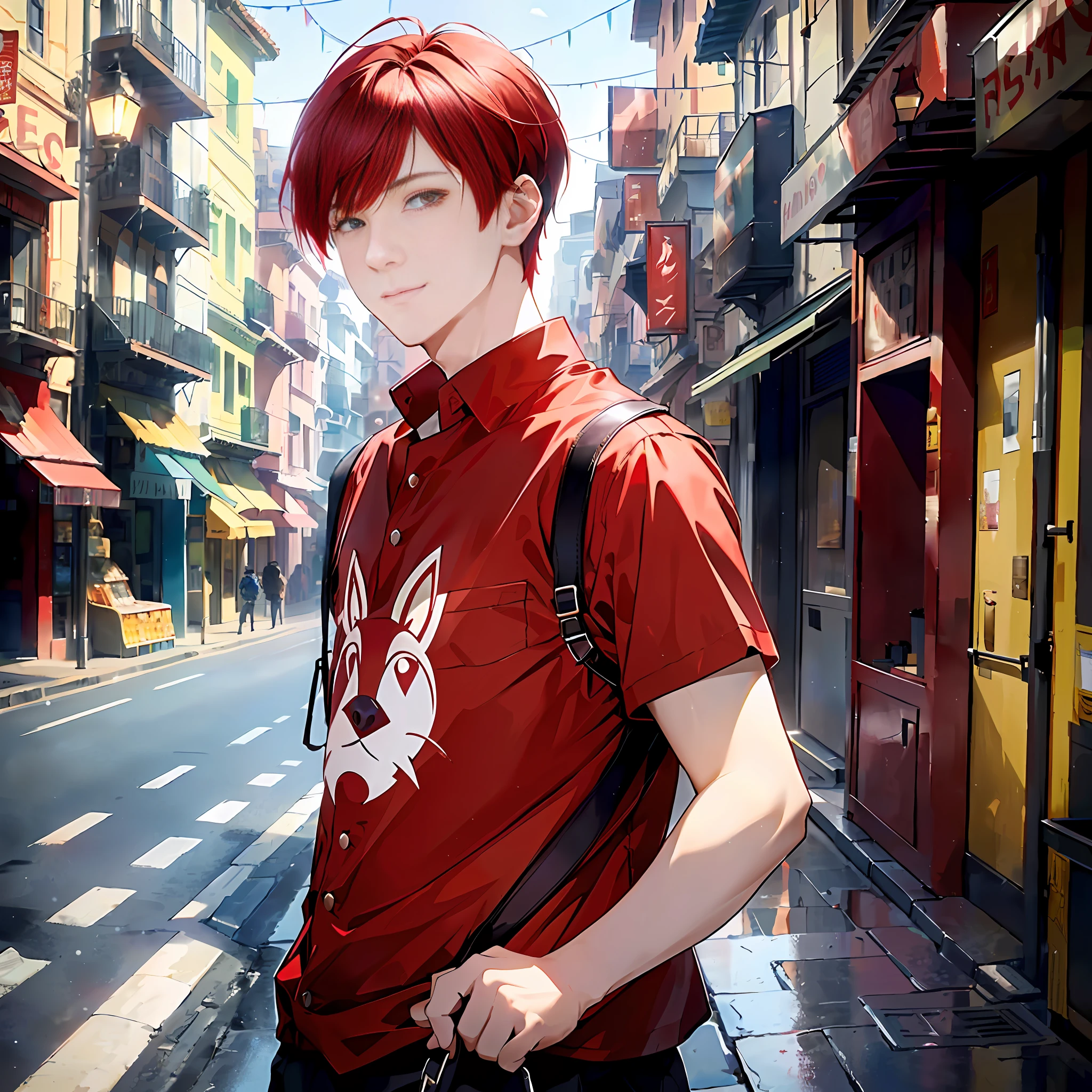 Hyper-detailed, 1 man, red 37 points short hair, wearing red short sleeves, straight facial features, the background is the street, but full of fantasy colors, the sky is purple, the street lamps have become birdcages, pedestrians on the road have turned into animals, and the man is the only one who maintains human form, his red hair color is more vivid, as if it is a shining light, in this surreal world, he seems to be the only hope and existence.