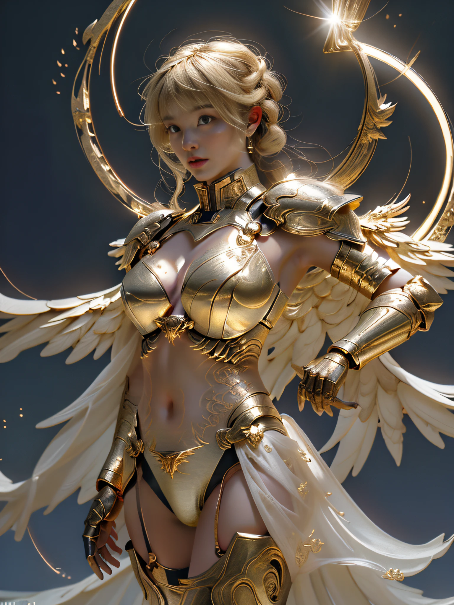 Valkyrie of War, with huge wings, metallic glowing wings, blonde glowing background, wearing white gold bikini, lace lingerie, golden aperture at back, blonde hair, double bun, bangs, halo, glare, jitome, high detail, cinematic lighting, film grain, lens flare, verism, god ray, 8k, super detail, high detail