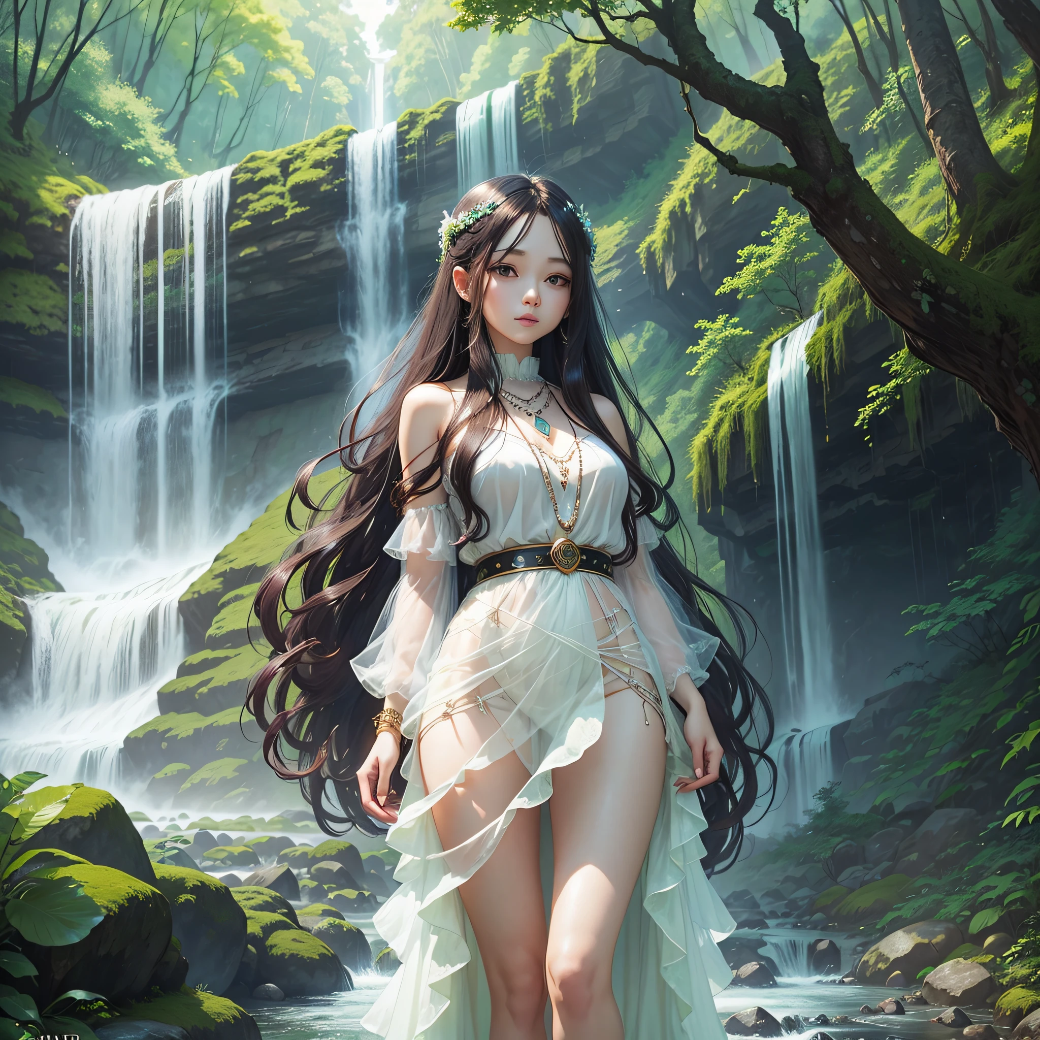 Beauty, long hair, translucent gauze skirt, crystal necklace, forest and waterfall in the background, sunny weather --auto --s2