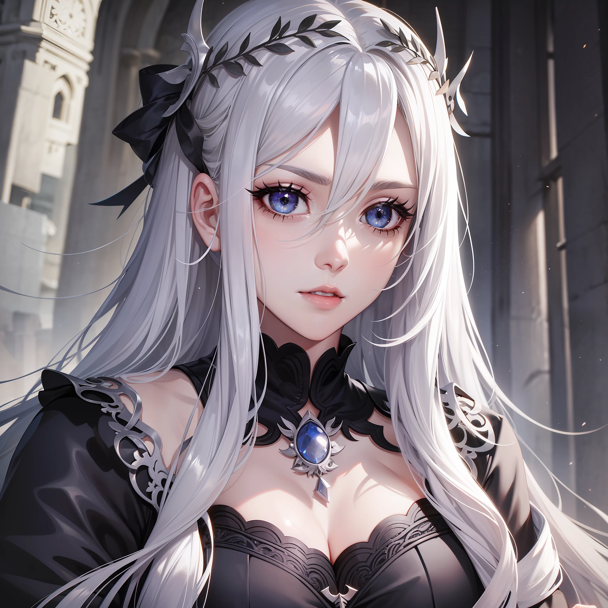 A 23-year-old woman with silver hair, fearless but gentle, her eyes have lunar, medieval aspects.