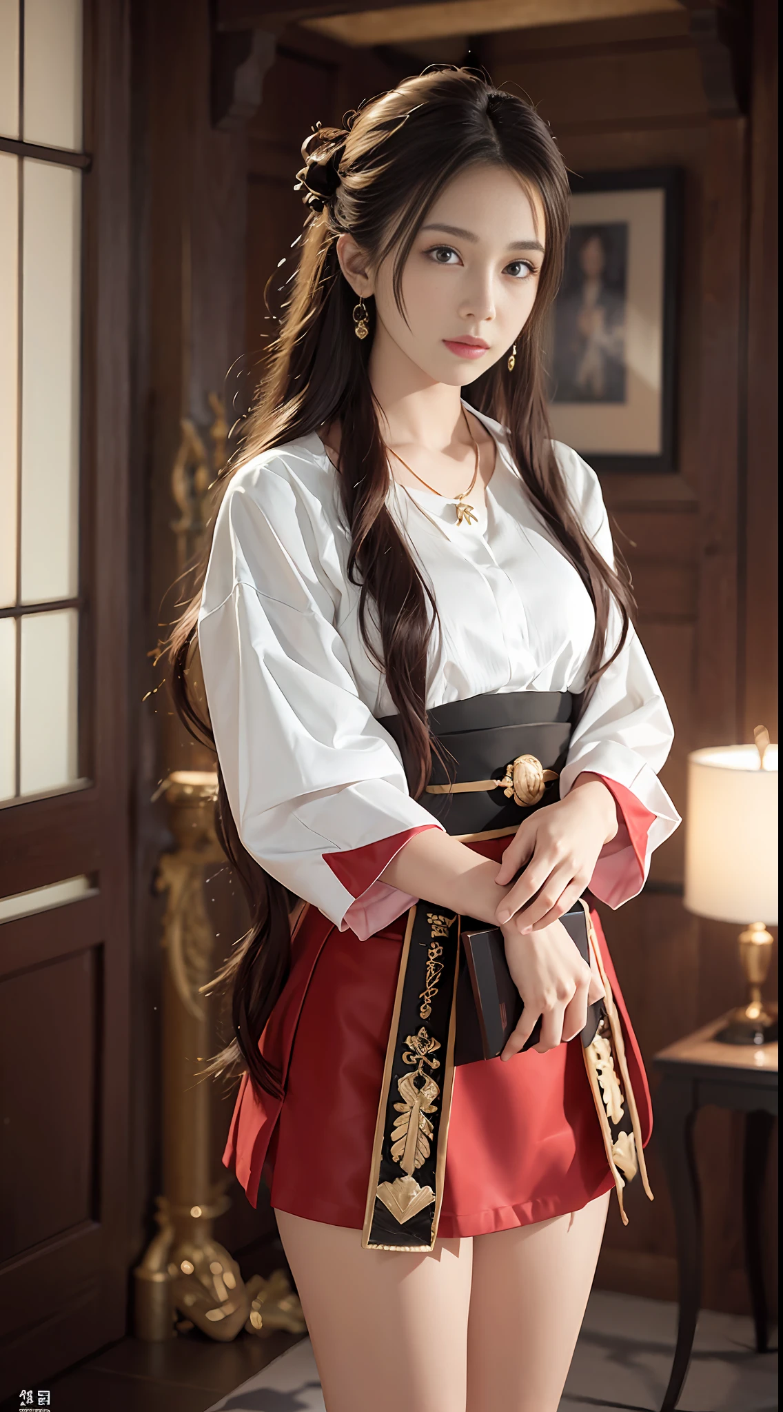 1girl, sweet girl, prince, Japanese uniform, natural, elegant, cute, (Perfect Big Eyes: 1.2), Long Red Hair, Perfect Nose, Small, Holding a Book, Extreme Hand Details, Cute, Necklace, Earrings, RAW, 16k, (Masterpiece: 1.5), Best Quality, Intricate Detail, Ultra High Resolution, Very Detailed, Wallpaper, Unreal Engine 5, Ray Tracing, Artstation Extreme Art Detail, Dynamic Lighting, Very Detailed, (Realistic: 1.5), Sharpen, Depth of Field, Complex 3D Rendering, Ultra Detail, Octane Rendering, Full Facial Features, Full Body, Full Body Shot