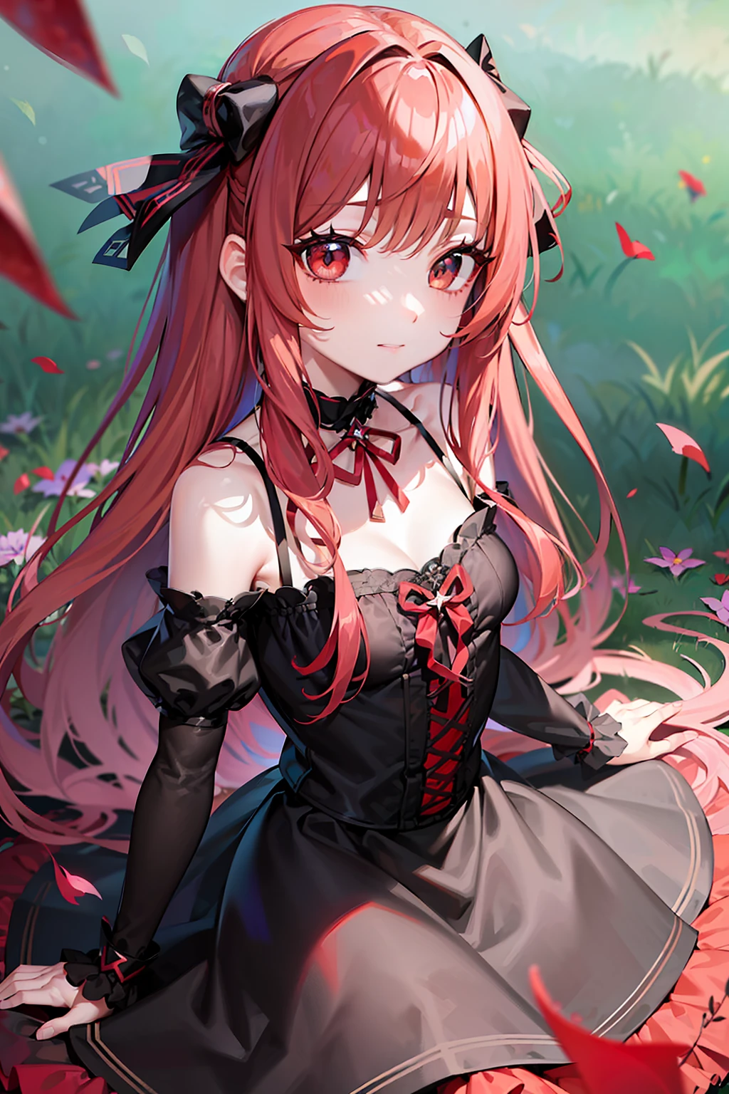 beautiful and detailed girl with beautiful and detailed face with red long hair, a extremely delicate and beautiful girl, anime screencap, Shock sensation, Beautiful detailed girl, upper_body, look_up_to, arms_behind_back, petite, girl,woman,female, little,child,10 years old, medium hair, hime cut, wept bangs, floating hair, red hair, beautiful detailed hair, Authentic and detailed face, happy, lovely big eyes, silver eyes, beautiful hair ornaments, choker, beautiful detailed black gothic Empire Waist Dress, black_footwear, Flying red petals, Floating, The grass sways in the wind, detailed shadow, artbook, extremely detailed 8K wallpaper, absurdres, highres,