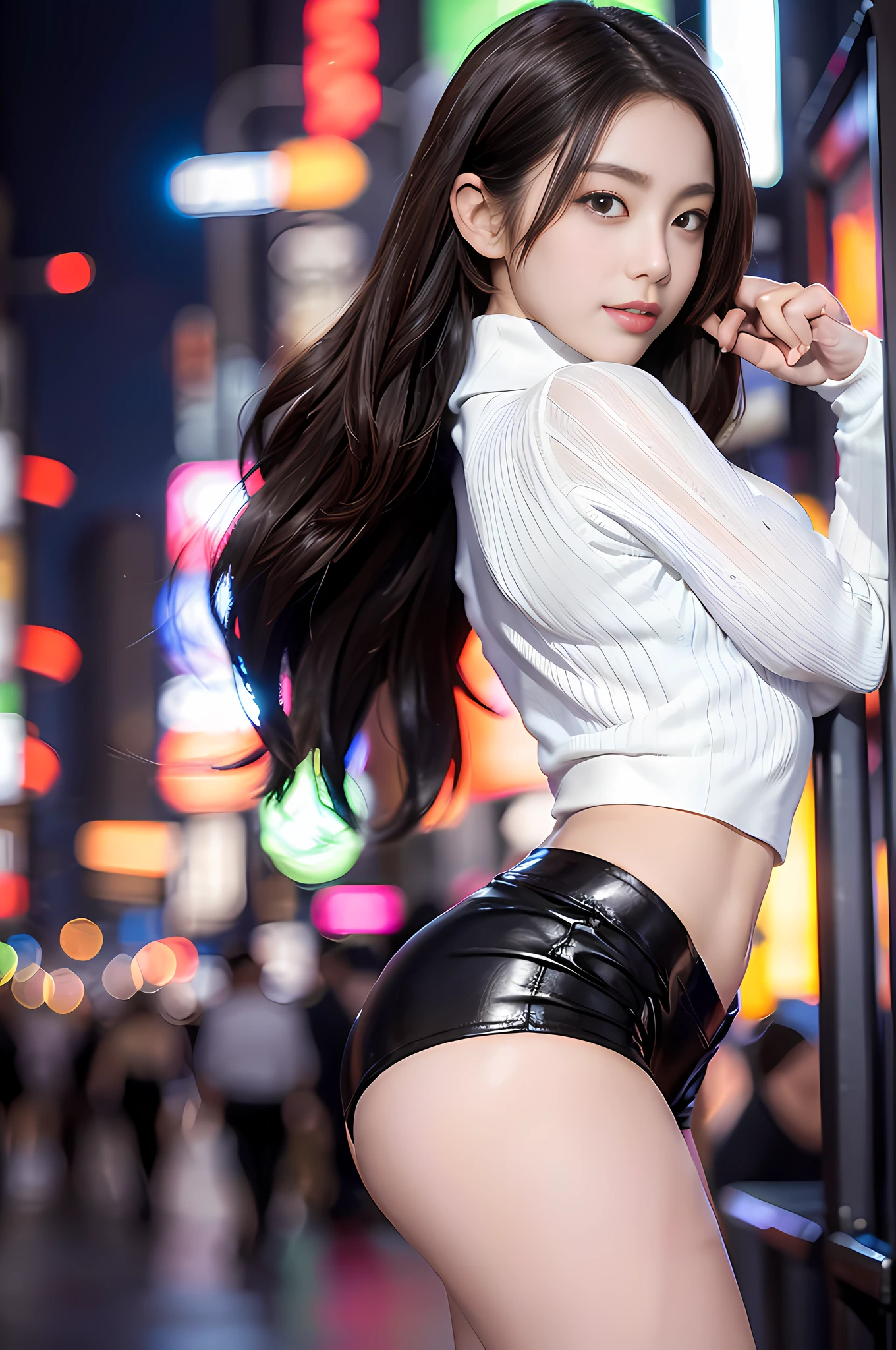 ((1 looking back woman, looking back the viewer)), (8k, best quality, masterpiece:1.3), extremely cute and beautiful girl, 1girl, Times Square Garden street at night background, cityscape, city lights, ((full body, full entire body)), 32k, RAW photo, realistic, photo-realistic, wavy long hair, chestnut hair, ((looking the viewer)), seductive looking back pose, from side, huge-breasted, ((white ribbed cashmere turtleneck sweater, leather shorts)), black stockings, high-heels, brown eyes, chestnut hair, cleavage, (Beautiful Breasts:1.3), (Abs, Slender Figure: 1.1), Sharp Focus, (((Intricate Details)), High Detail, frame the head, stylish model pose, light grin smile, from below, low angle, beautiful legs, full body image, close mouth, seductive sexy model posing, perfect anatomy, perfect proportion,