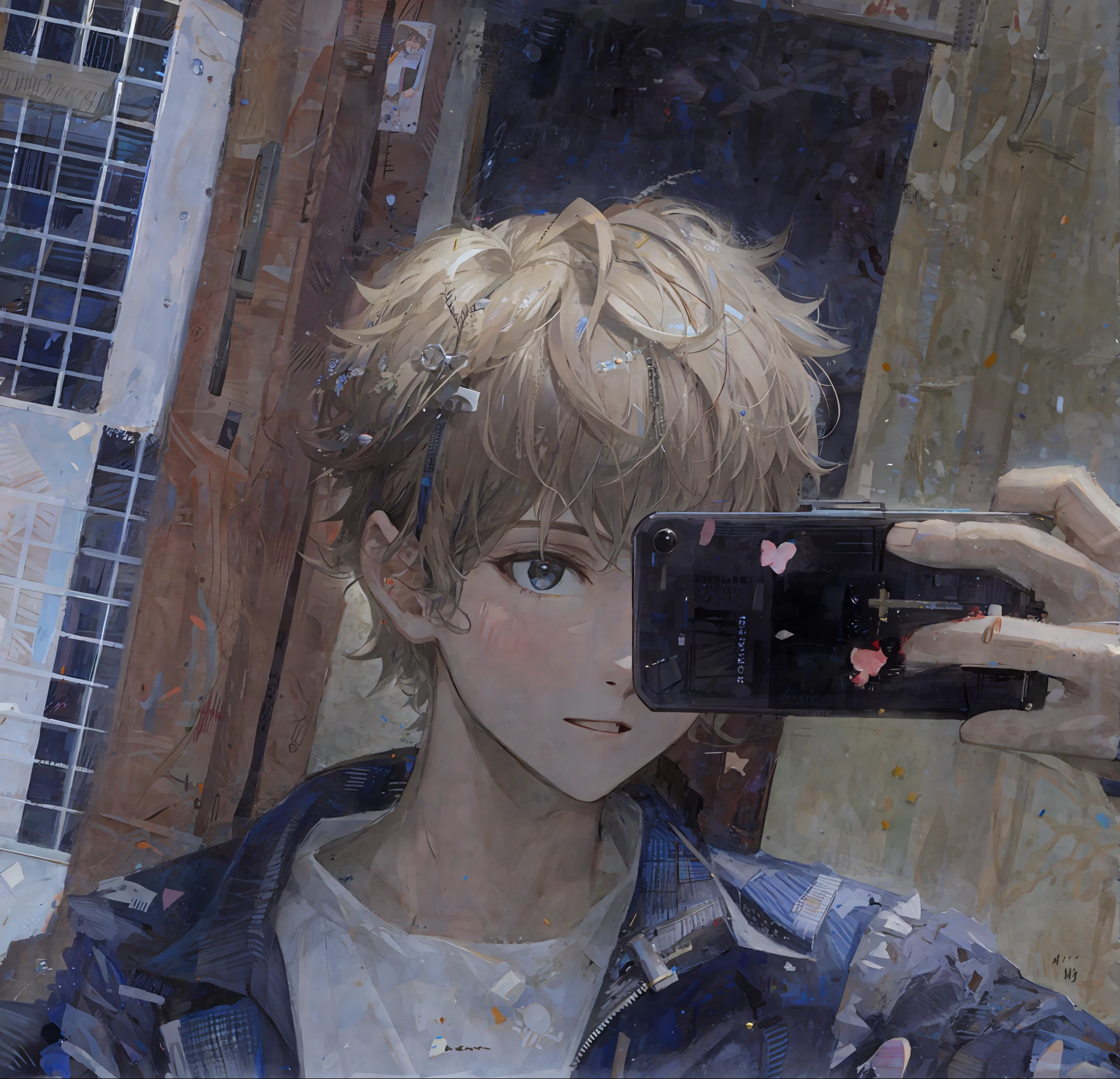  boy with curly hair of dark blonde tone with the look always in the spotlight