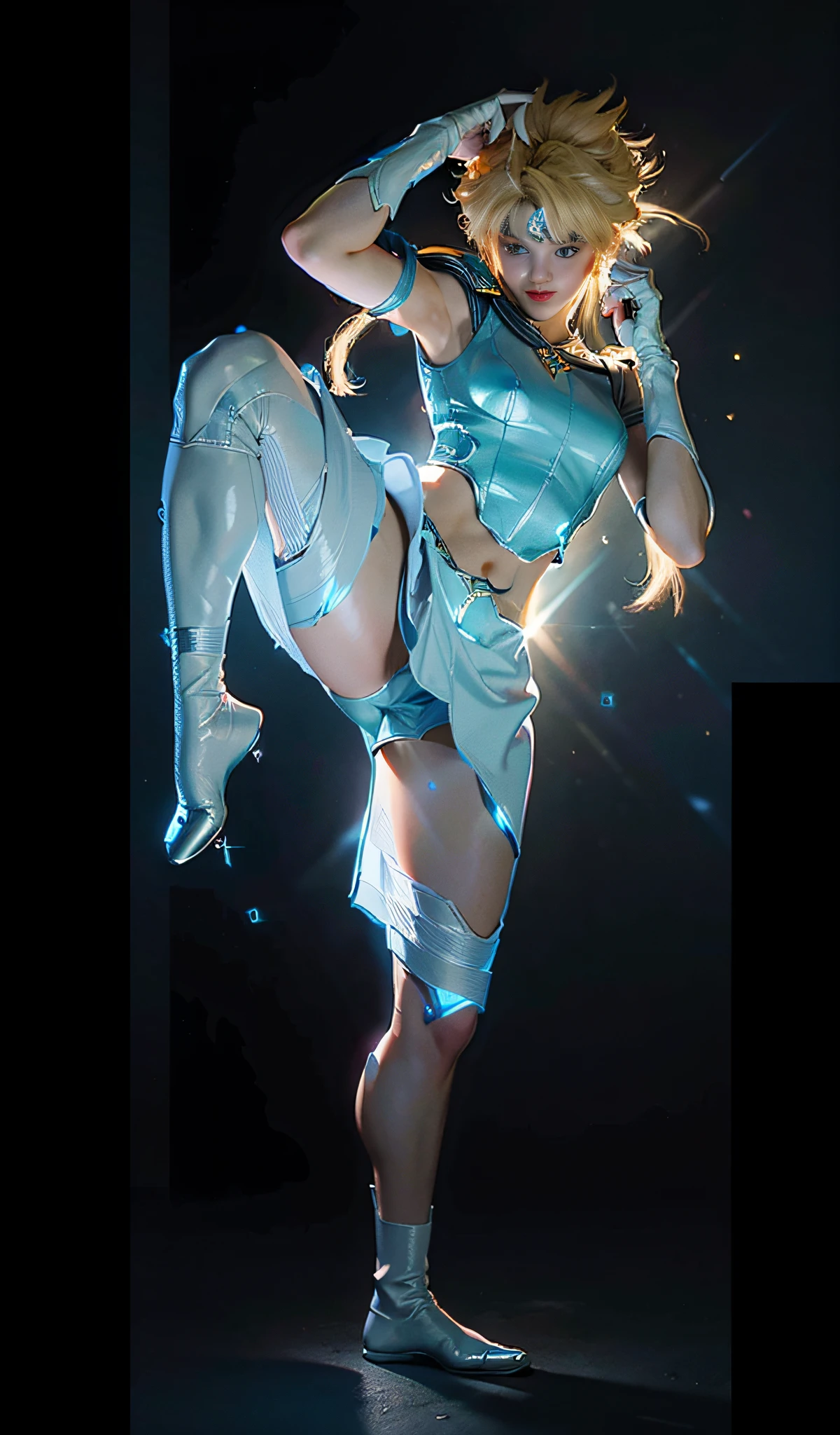 (CG Unity 8K wallpaper with extreme detail, masterpiece, highest quality), (exquisite lighting and shadow, highly dramatic picture, cinematic lens effect), (Sailor Moon: 1.1), charming smile, double tail, vibrant blue eyes, looking at the viewer with blond hair, white tight-fitting top, white gloves, mini skirt, dynamic pose), the background is the universe (excellent detail, excellent lighting, wide angle), (excellent rendering, enough to stand out in its class),