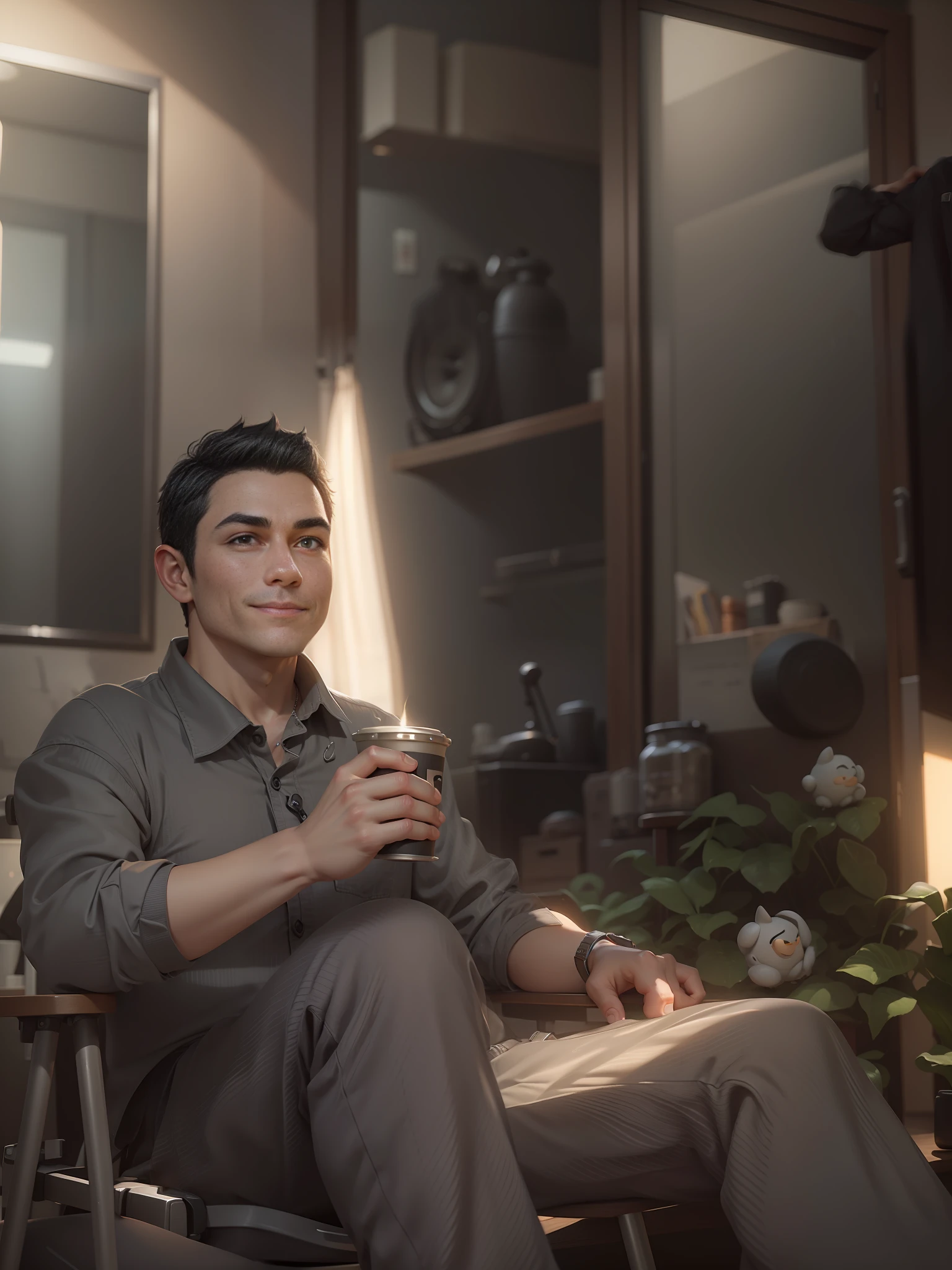 round cheek, dimple, Short hair, black hair, in Grey shirt, character in style of Pixar studio, man, 19 years, Smile, charismatic, Realistic, appealing, fariytale scene, Unreal Engine 5, divine fine lustre, highly detailed –ar 2:3 –iw 2 --auto --s2