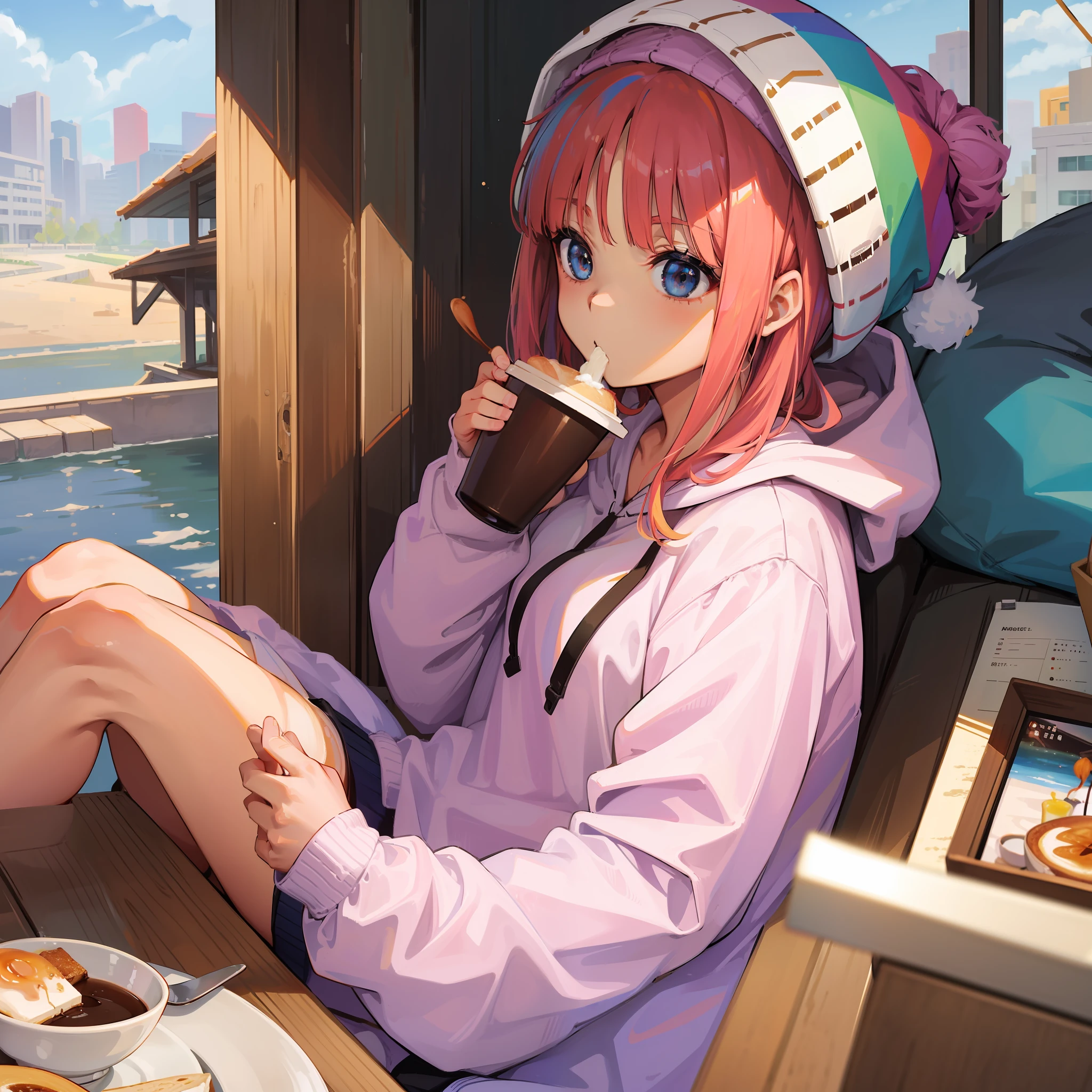 (Best Quality: 1.23), (Masterpiece: 1.12), Rainbow Hair,, One Girl, Holding a Coffee Cup, Sitting, Wearing a Hoodie, Eating Breakfast, Coffee Cup, Knitted Hat