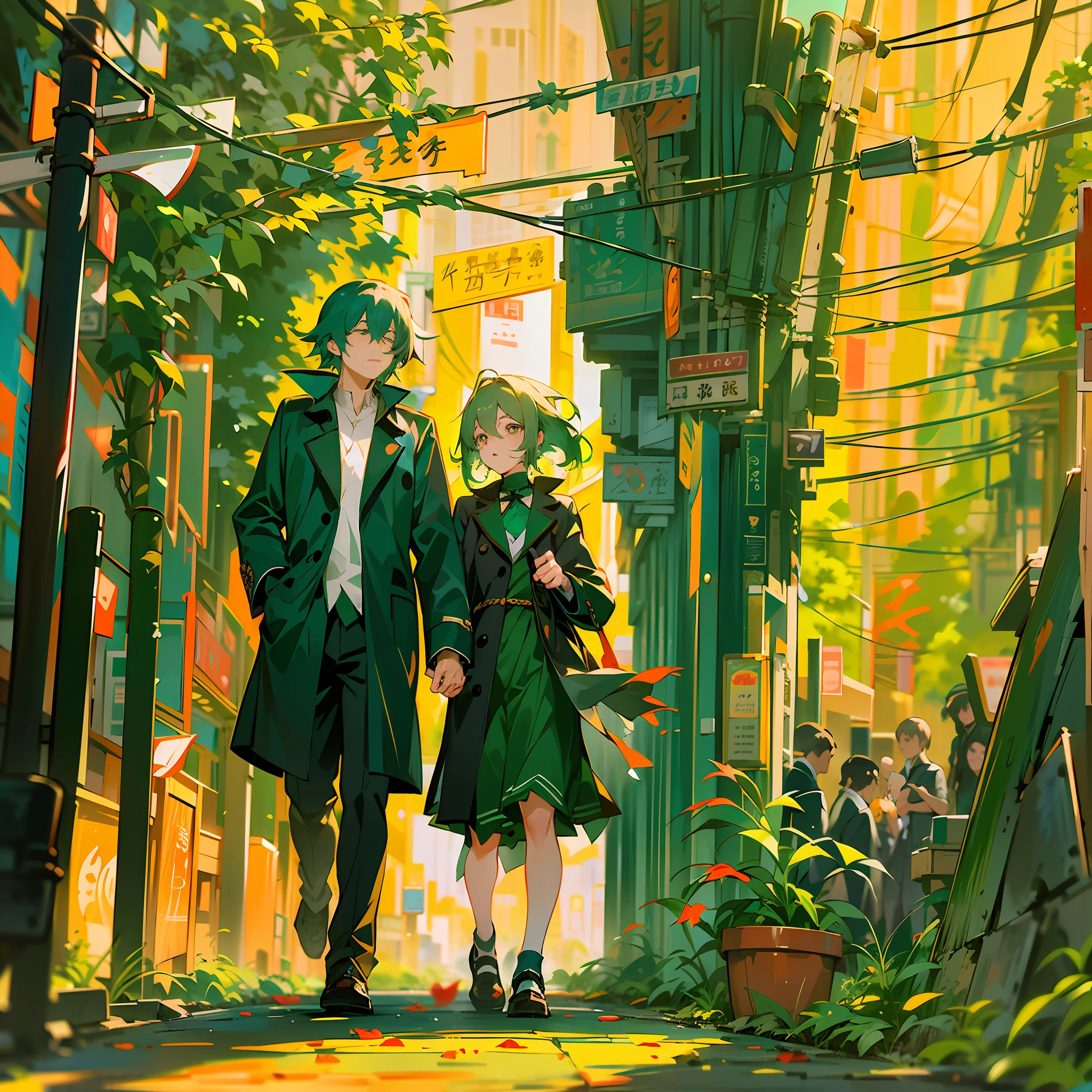 anime characters walking down a street in a city, krenz cushart and artem demura, krenz cushart and asher duran, green alley, krenz cushart and wenjun lin, tatsumaki, green alleys, by Kobayashi Kiyochika, anime style cityscape, by Kamisaka Sekka