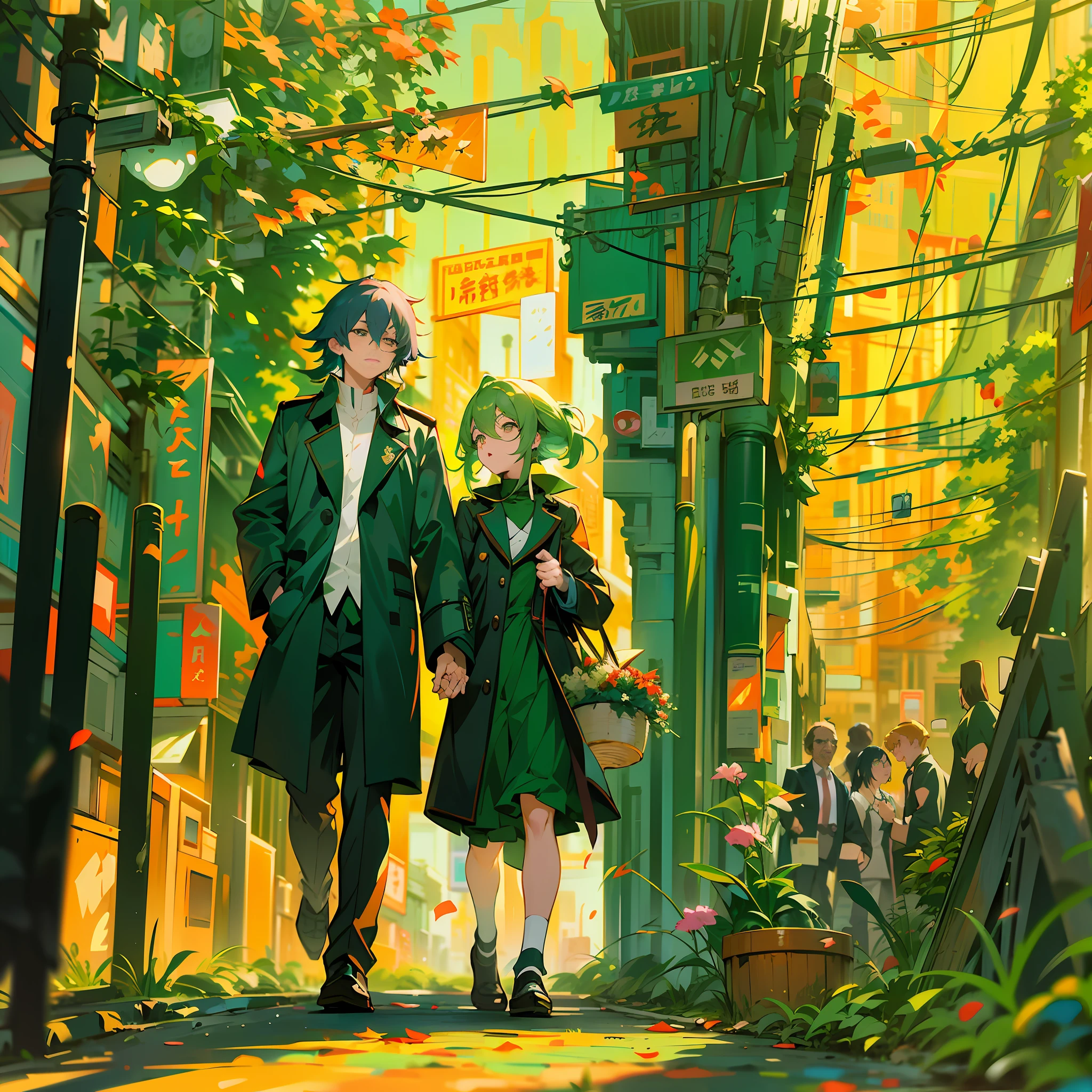 anime characters walking down a street in a city, krenz cushart and artem demura, krenz cushart and asher duran, green alley, krenz cushart and wenjun lin, tatsumaki, green alleys, by Kobayashi Kiyochika, anime style cityscape, by Kamisaka Sekka