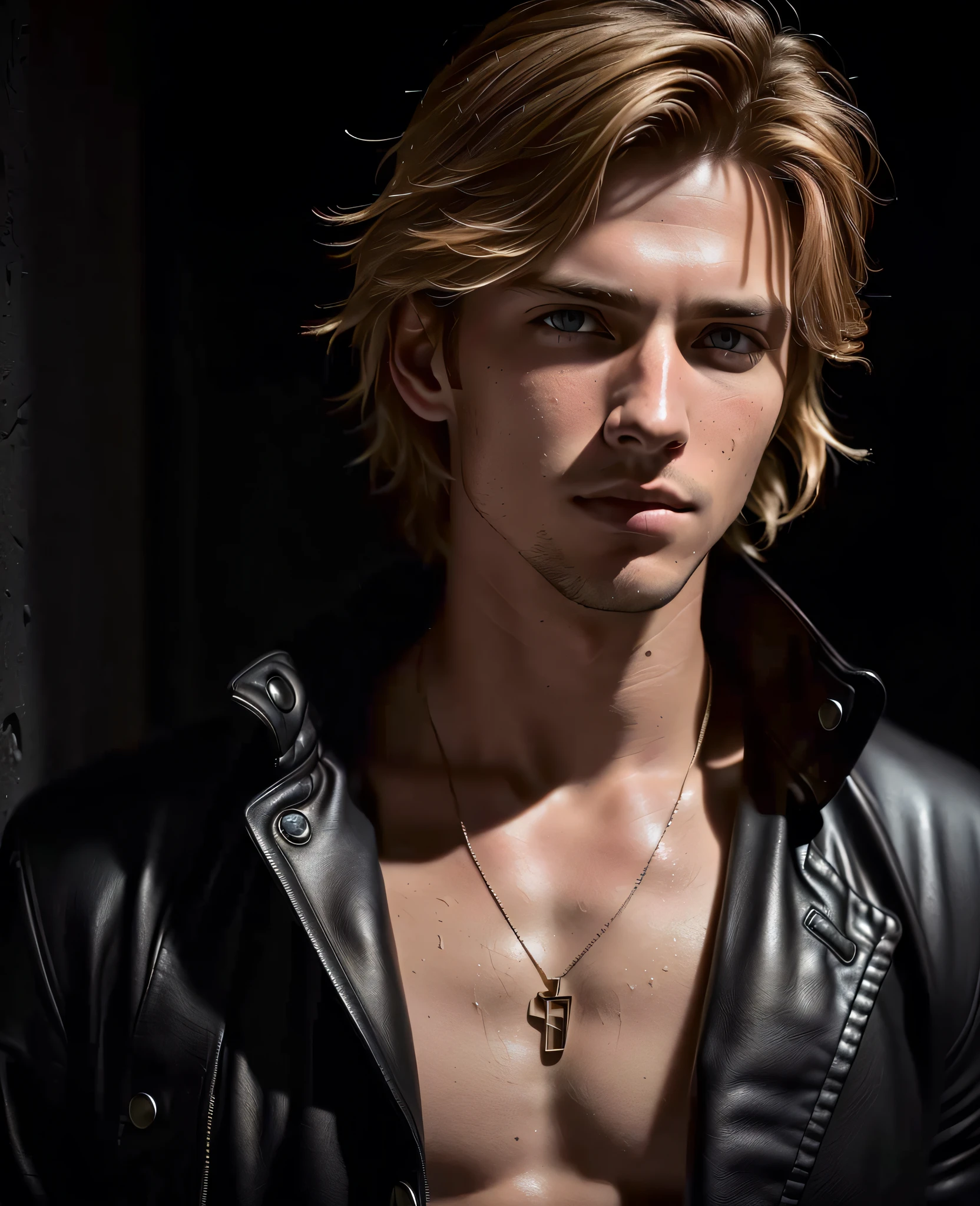 award-winning photography (handsome guy: 1.1), detailed, trending on ArtStation, black suit, redhead, full shot, male, brown eyes, athletic body, dirty hair, wet hair, blonde long hair, necklace, ************, man, extremely realistic, high quality, very detailed, dramatic lighting, digital art trends on Artstation 8k HD detailed realistic, detailed, skin texture, super detailed,  Realistic skin texture, armature, best quality, ultra-high resolution, (accuracy: 1.4), high resolution, detailed, raw photography, sharp resolution, Lee Jeffries Nikon D850 Film Photography 4 Kodak Portra 400 F1.6 lens Rich colors Hyper-realistic realistic texture Dramatic lighting UnrealEngine trending on ArtStation Cinestill 800