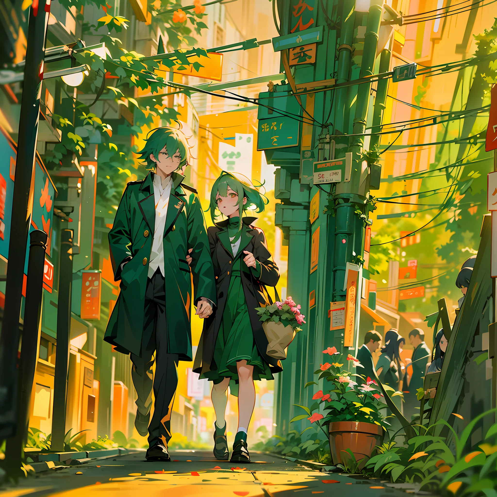 anime characters walking down a street in a city, krenz cushart and artem demura, krenz cushart and asher duran, green alley, krenz cushart and wenjun lin, tatsumaki, green alleys, by Kobayashi Kiyochika, anime style cityscape, by Kamisaka Sekka