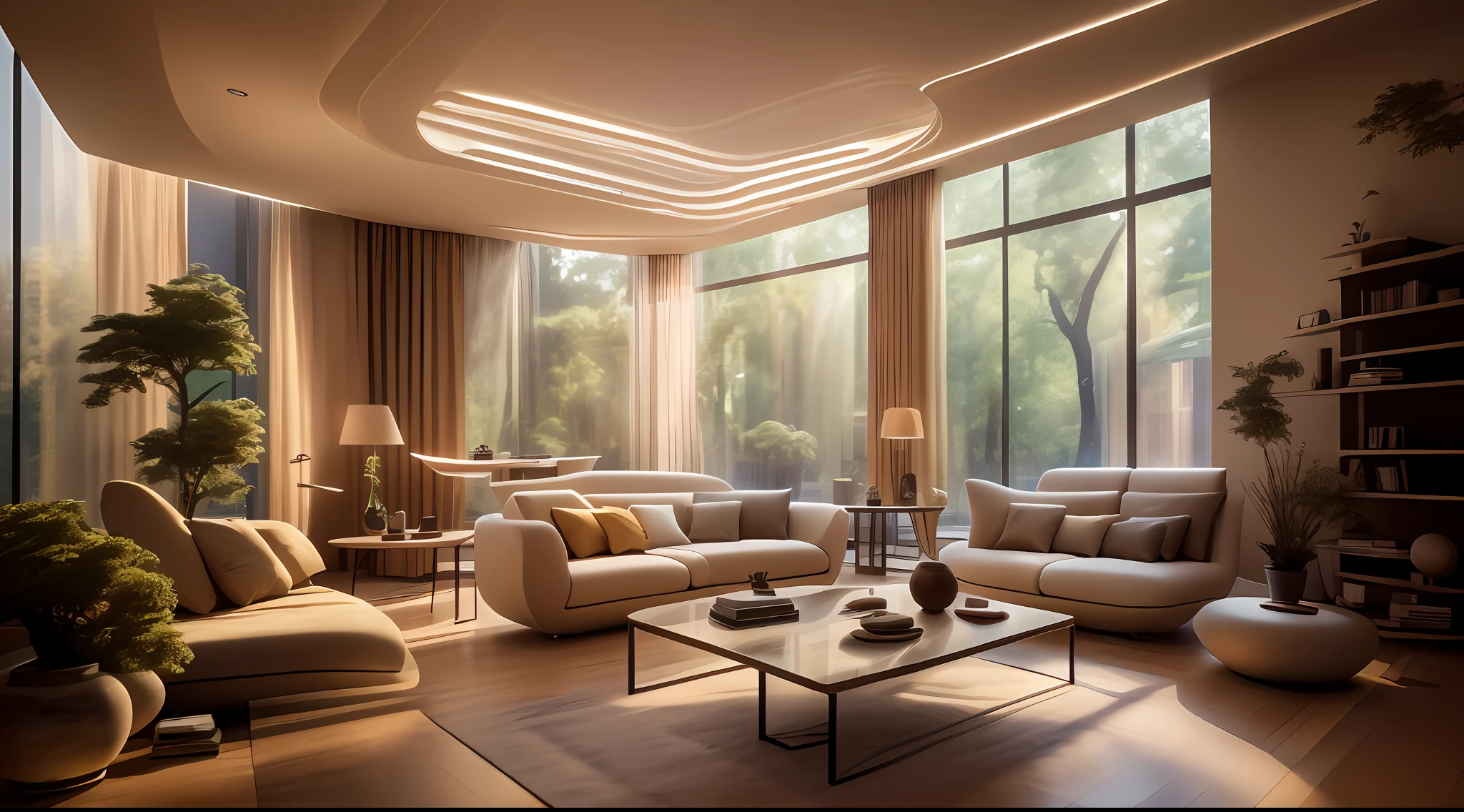 arafed living room with a large window and a lot of furniture, rendered in v-ray, futuristic looking living room, vray rendered, by Zha Shibiao, rendered in vray, 8k vray render, vray 8k render, v - ray render, v-ray render, soft natural volumetric lighting