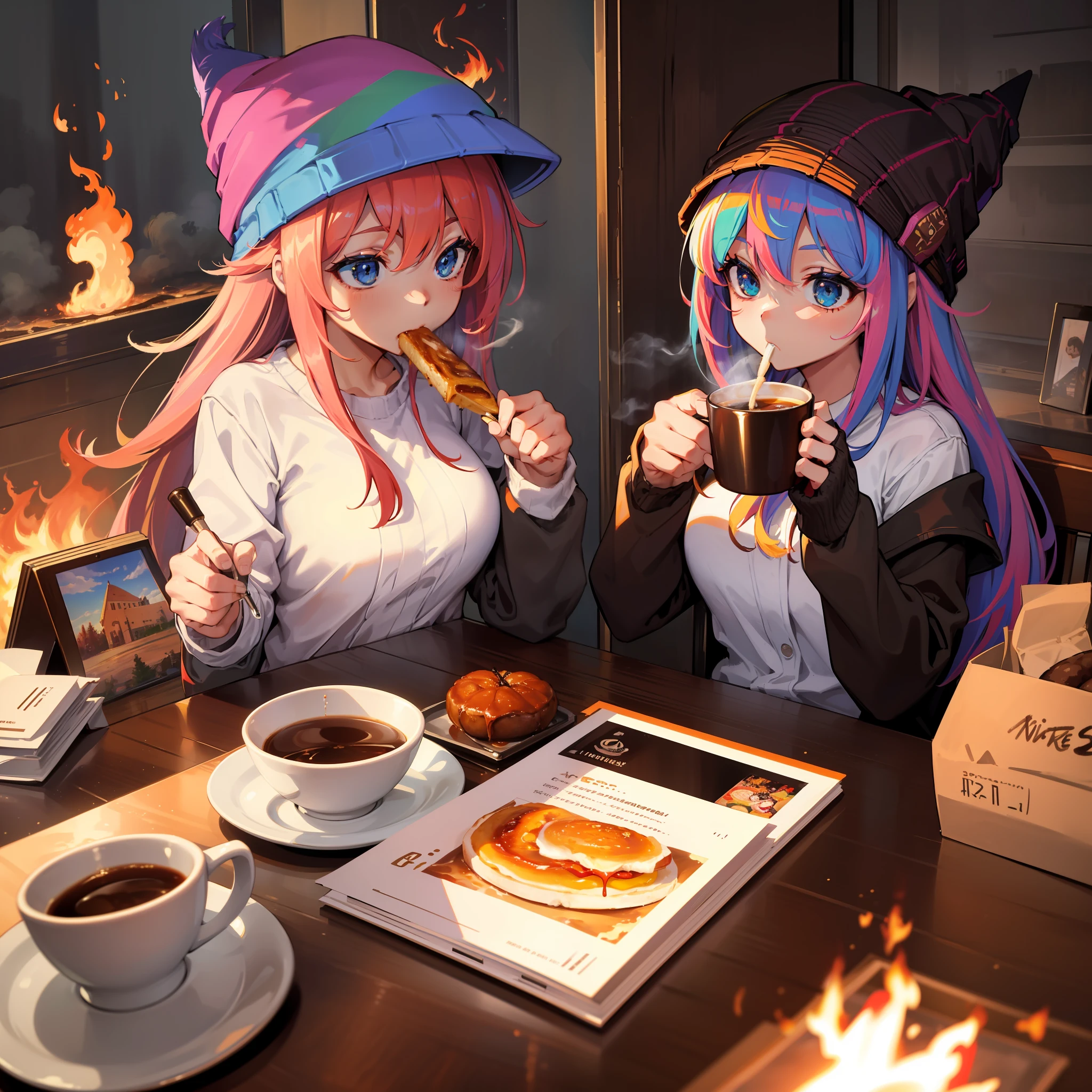 8K, High Masterpiece, (Best Quality: 1.23), (Masterpiece: 1.12), Rainbow Hair,, One Girl, Holding a Coffee Cup, Sitting, Wearing a Parker, Eating Breakfast, Coffee Cup, Knitted Hat, A Lot of Gadgets and Equipment Burning, Smoke, (Flames Around: 1.2)