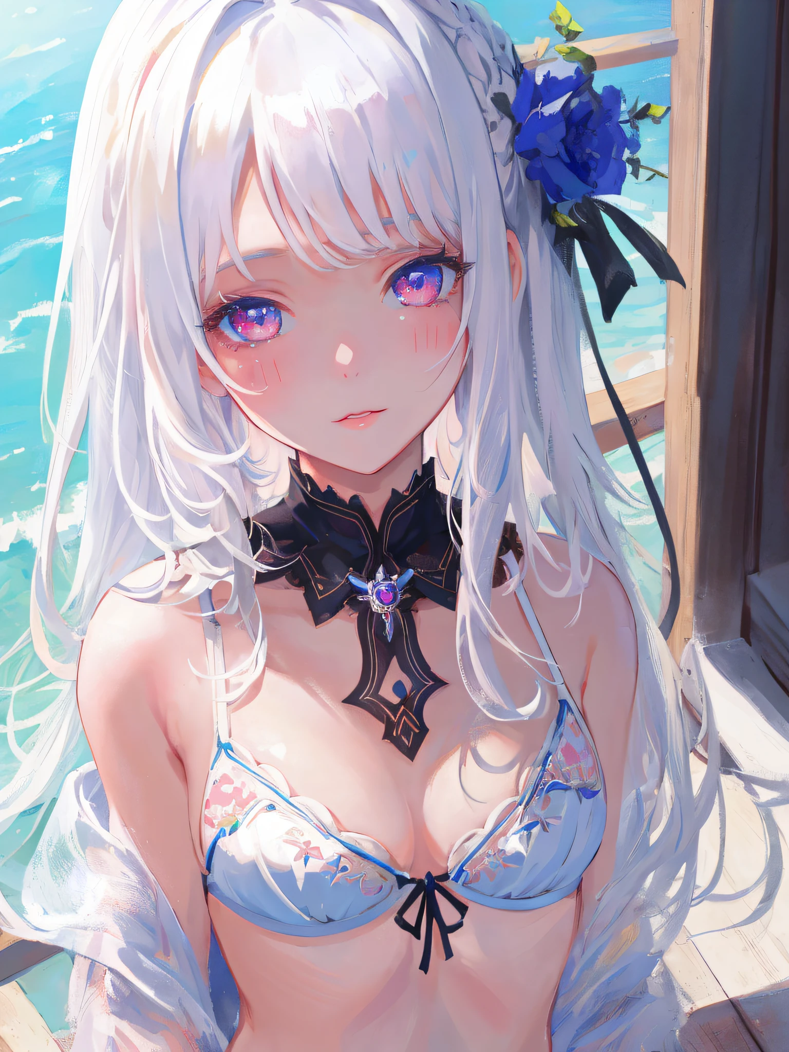 masterpiece, top quality, ultra detail, illustration,(1girl), beautiful detailed eyes, look at viewer, close-up, (face focus), white hair, shy, fairy, white and blue bikini, pink eyes,naughty girl