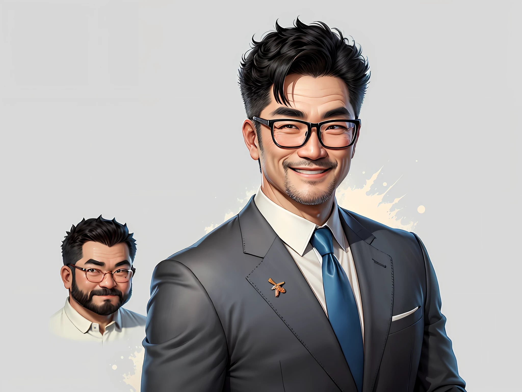 Taiwanese middle-aged uncle male portrait, extremely detailed face, black hair, (super short hair) middle-aged handsome uncle, Taiwanese man, silver glasses, slightly chubby face, very clean face, black super short hair, black eyes, black suit, blue tie, confident smile, digital painting, film, character design of Mark Laedon and Pixar and Hayao Miyazaki, the illustration is a 4K resolution HD illustration with very detailed facial features and cartoon-style visuals.