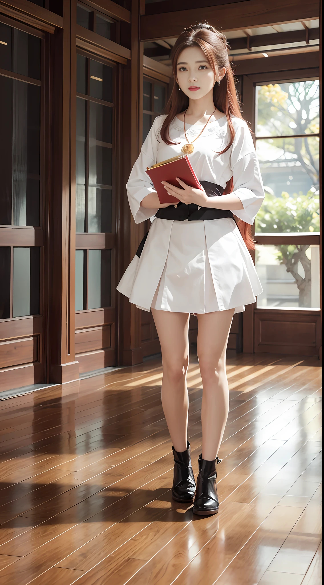 1girl, sweet girl, prince, Japanese uniform, natural, elegant, cute, (Perfect Big Eyes: 1.2), Long Red Hair, Perfect Nose, Small, Holding a Book, Extreme Hand Details, Cute, Necklace, Earrings, RAW, 16k, (Masterpiece: 1.5), Best Quality, Intricate Detail, Ultra High Resolution, Very Detailed, Wallpaper, Unreal Engine 5, Ray Tracing, Artstation Extreme Art Detail, Dynamic Lighting, Very Detailed, (Realistic: 1.5), Sharpen, Depth of Field, Complex 3D Rendering, Ultra Detail, Octane Rendering, Full Facial Features, Full Body, Full Body Shot