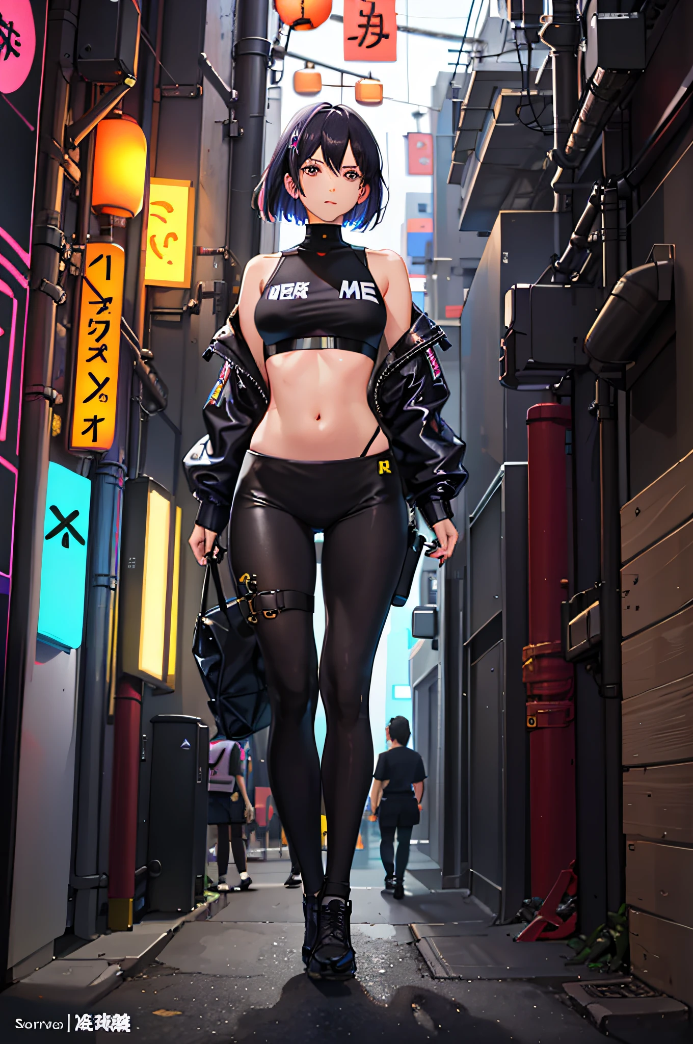 1 girl, leggings, belly button show, street snap, cyberpunk japan background, neon sign