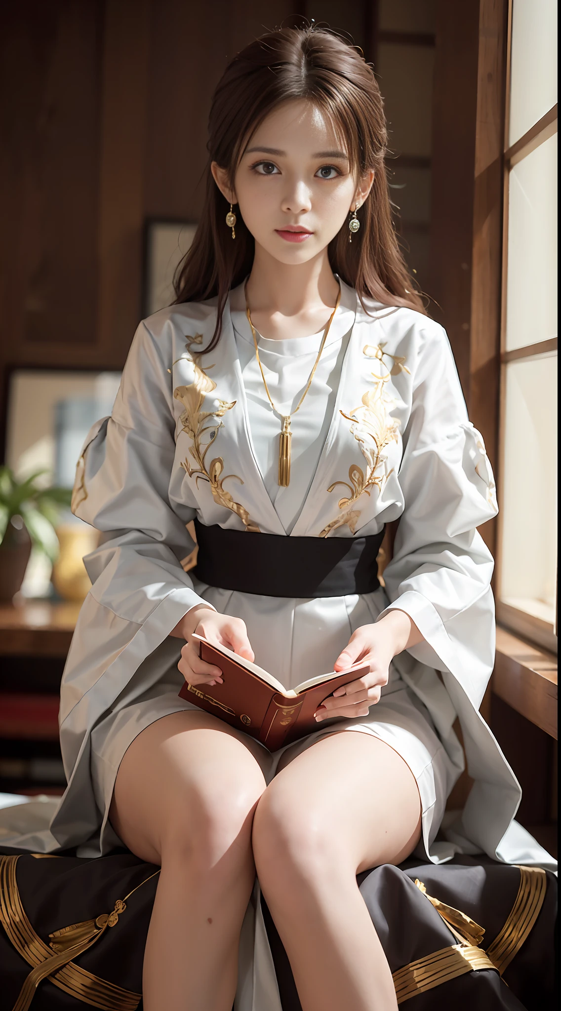 1girl, sweet girl, prince, Japanese uniform, natural, elegant, cute, (Perfect Big Eyes: 1.2), Long Red Hair, Perfect Nose, Small, Holding a Book, Extreme Hand Details, Cute, Necklace, Earrings, RAW, 16k, (Masterpiece: 1.5), Best Quality, Intricate Detail, Ultra High Resolution, Very Detailed, Wallpaper, Unreal Engine 5, Ray Tracing, Artstation Extreme Art Detail, Dynamic Lighting, Very Detailed, (Realistic: 1.5), Sharpen, Depth of Field, Complex 3D Rendering, Ultra Detail, Octane Rendering, Full Facial Features, Full Body, Full Body Shot