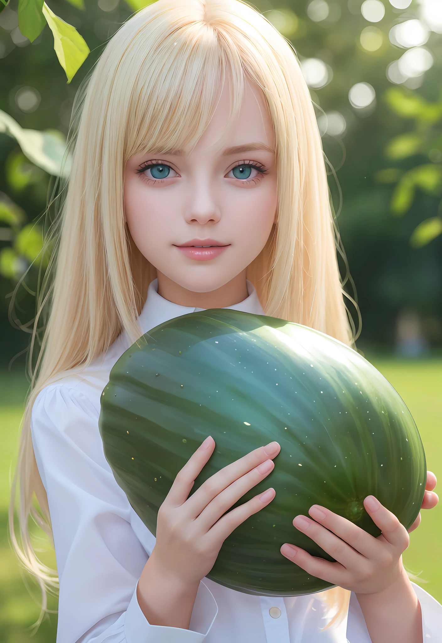 RAW photo, (((extremely beautiful portrait))), upper body, shiny balls on cheeks, (((shiny white shiny skin)), beautiful girl aged 17, (shiny platinum blonde)), long bangs hanging from eyes, flowing bangs, [bright shiny clear light blue big eyes], silky smooth straight hair, extra-long hair, eyeliner, smile ((masterpiece, top quality, ultra-detail, lightness, intricate details, high resolution, 8K, very detailed)), detailed background, 8K UHD, High quality, shallow depth of field, natural light, (perfect hand), school uniform, holding green cucumber