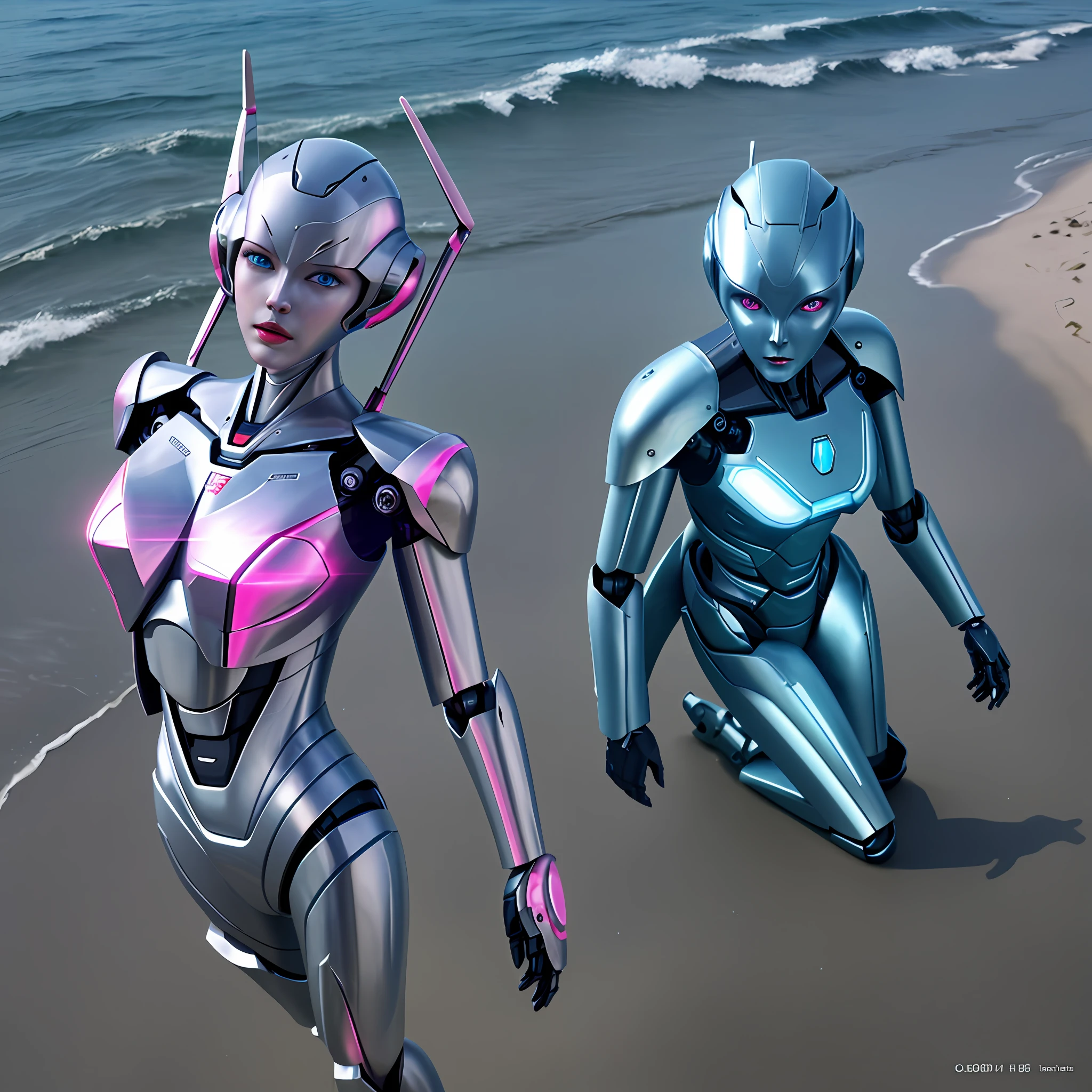 photorealistic,masterpiece, best quality,masterpiece,solo, volumetric lighting, best quality,Metallic skin, no humans, mecha,robot face,glowing eyes, blue eyes,thin lips,full body, comic,pink skin , sea,beach