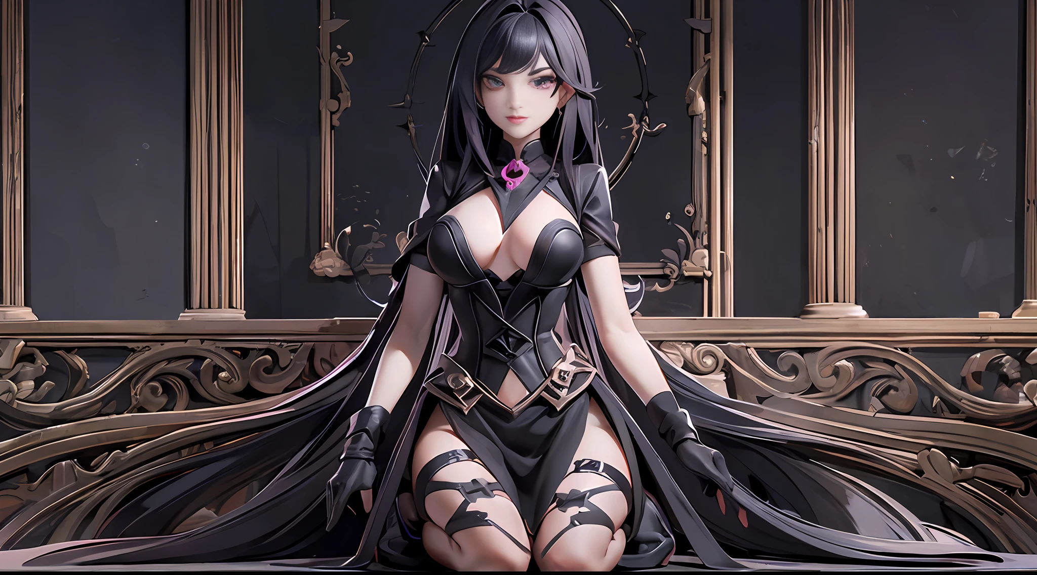 full body picture Unreal Engine 5 8K UHD, beautiful girl, black hair, gothic black short dress with lace, top harness, corset, magenta eyes, dark makeup, seductive moods, detailed face, best quality, masterpiece