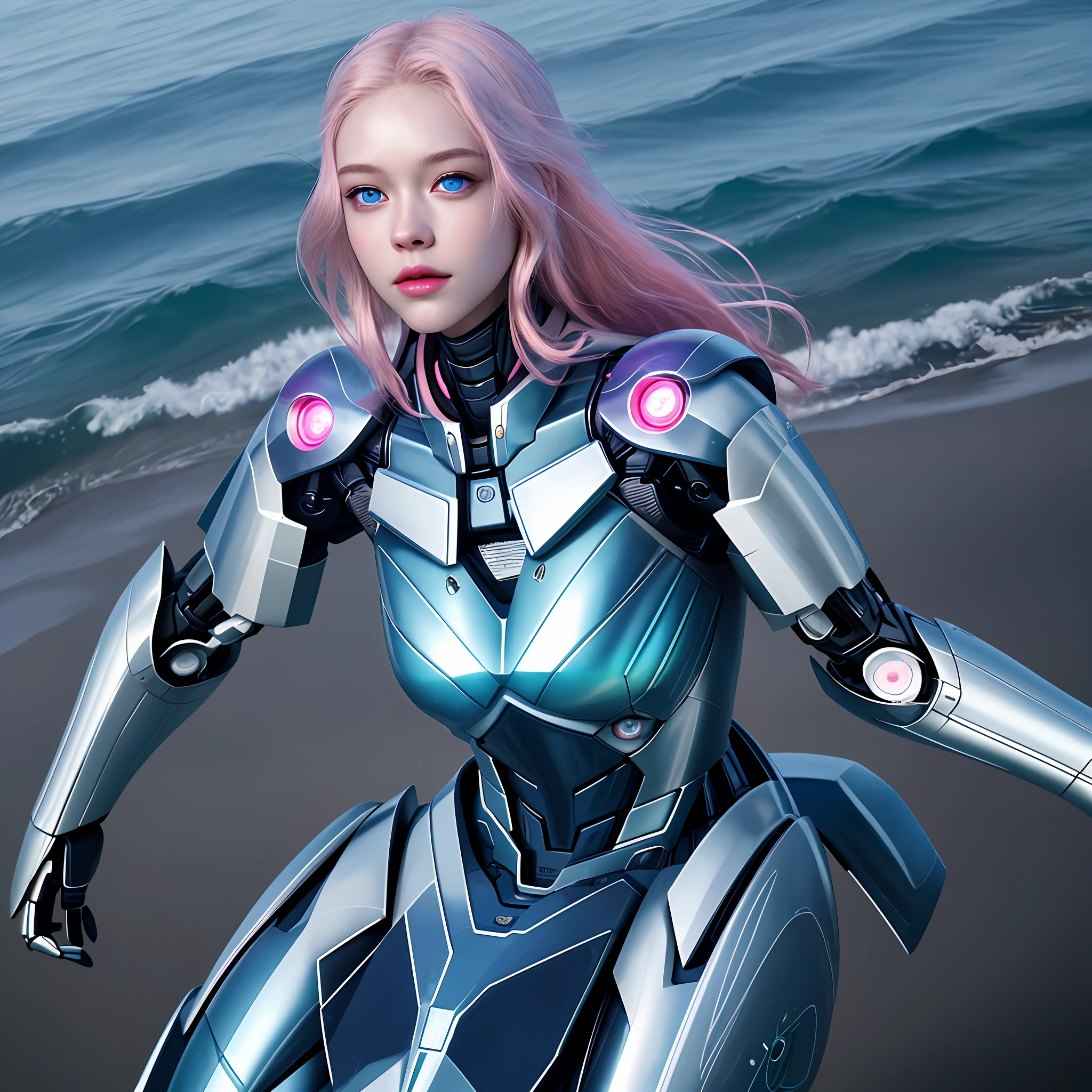 photorealistic,masterpiece, best quality,masterpiece,solo, volumetric lighting, best quality,Metallic skin, no humans, mecha,robot face,glowing eyes, blue eyes,thin lips,full body, comic,pink skin , sea,beach