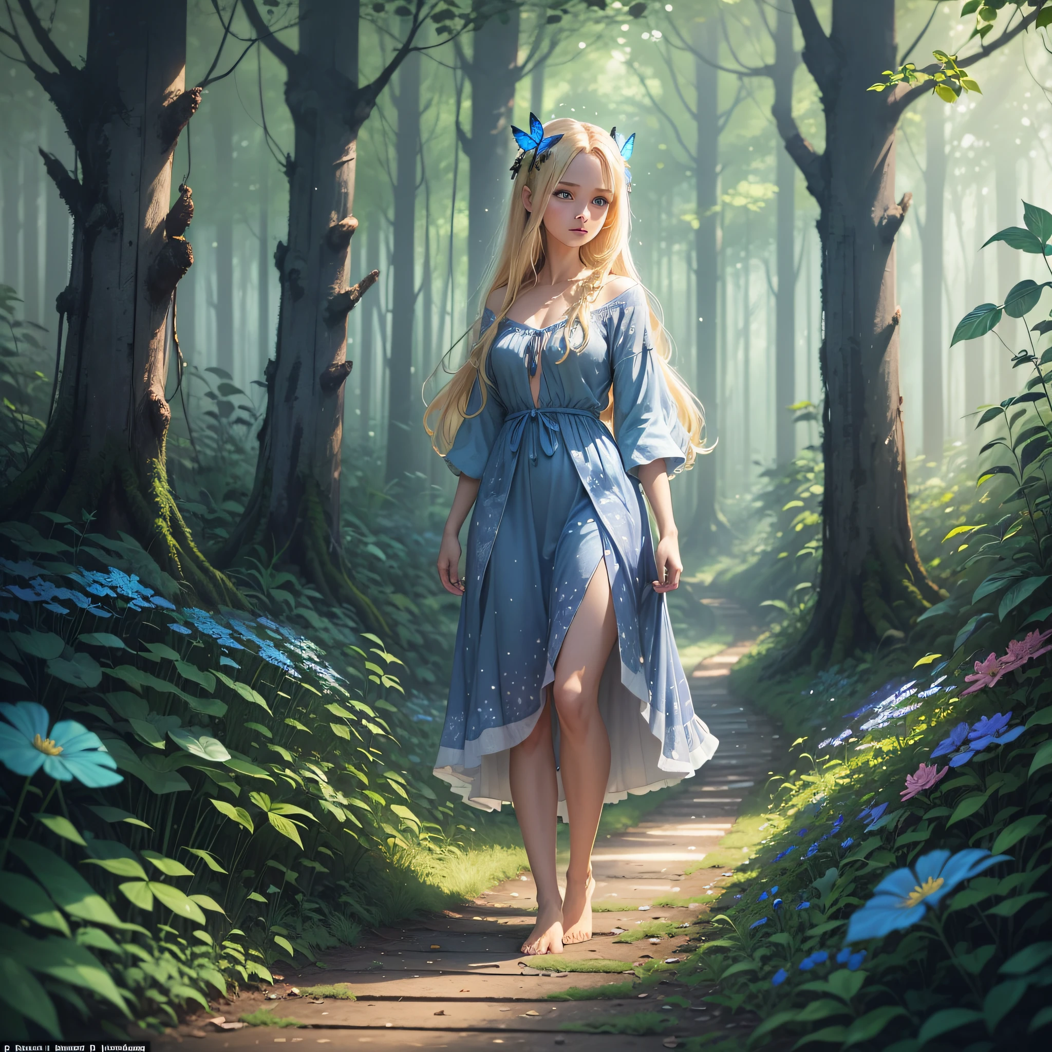 At night, deep jungle, a plain beauty, blonde hair and blue eyes, frontal, beauty, medium figure, walking barefoot on the path of green grass, lined with dense woods, the ground is full of flowers, blue butterflies flying next to it, fireflies speckled with spots, crescent moons hanging high, moonlight like water illuminating the girl --auto --s2