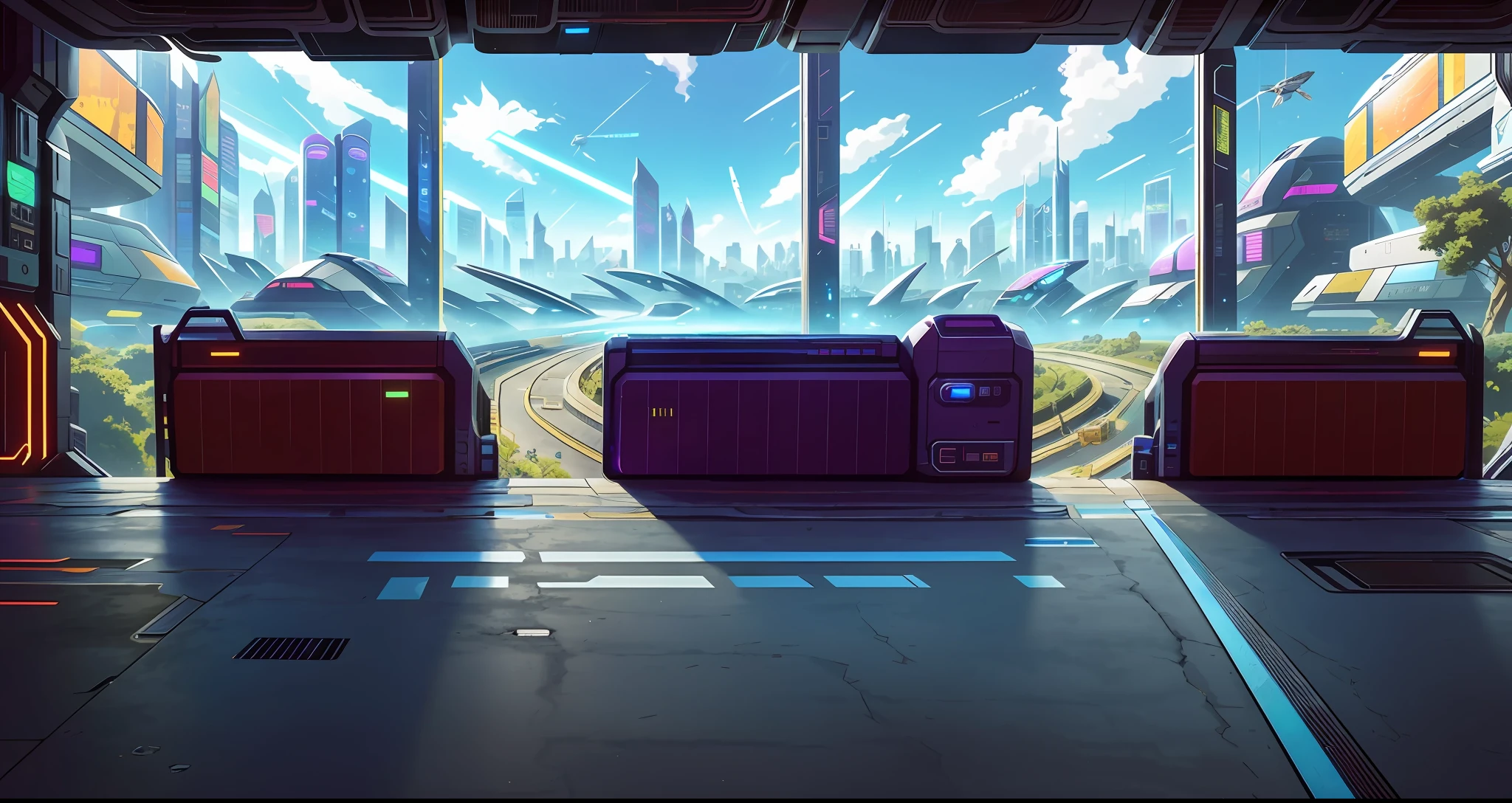 Cyberpunk, broken, there is a picture of the future city of technology, there is a horizontal and wide technology road background, gorgeous bright background, arena background, game background, exaggerated futuristic sci-fi background, cartoon style