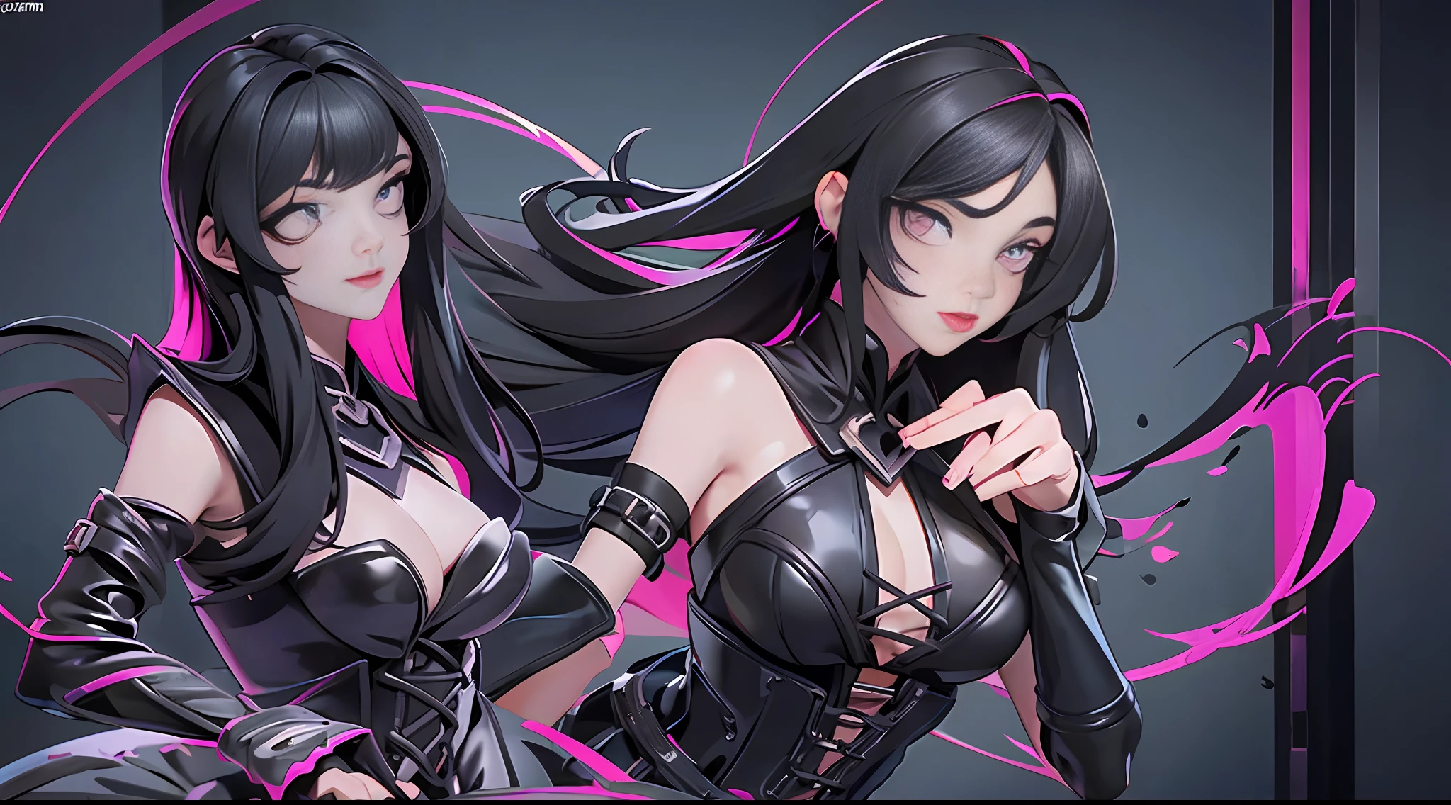 full body picture Unreal Engine 5 8K UHD, beautiful girl, black hair, gothic black short dress with lace, top harness, corset, magenta eyes, dark makeup, seductive moods, detailed face, best quality, masterpiece
