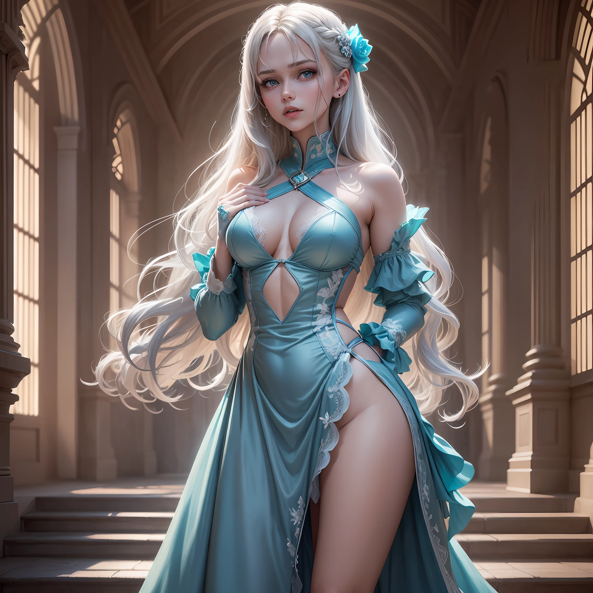 masterpiece,best quality,detail,1 girl, (actress Svetlana Khodchenkova:1.4), (long bright blonde hair: 1.2), (highlighted hair, turquoise highlights), aqua eyes,  bright pupils, glowing skin, indoors, mansion, high contrast, small breasts, (silver evening dress: 1.3), emotionless, night, backlit, medium shot
  Negative hint: (worst quality, low quality: 1.4), monochrome, zombie, watermark, blurry, blurry background, extra fingers, extra numbers, missing fingers, missing numbers, intertwined fingers, extra toes, missing toes,  simple background, nsfw, full body (silver hair: 1.4), realistic, real life,
  Steps: 30, Sampler: DPM++ SDE Karras, CFG Scale: 7, Source Number: 3564242642, Size: 2048x3072, Model Hash: 1faafdd131, Model: Deliberate_v2, Noise Reduction Strength: 0.3, Clip Skip: 2, Ultimate SD upscaler upscaler:  R-ESRGAN 4x+ Anime6B, Ultimate SD upscale tile_width: 768, Ultimate SD upscale tile_height: 768, Ultimate SD upscale mask_blur: 20, Ultimate SD upscale padding: 55, ControlNet 0: "preprocessor: tile_resample, model: control_v11f1e_sd15_tile [a371b31b], weight  : 1, start/end: ​​(0, 1), resize mode: Crop and Resize, ideal pixel size: True, control mode: Balanced, preprocessor options: (64, 1, 64)", Version: v1.3.2 --auto --s2