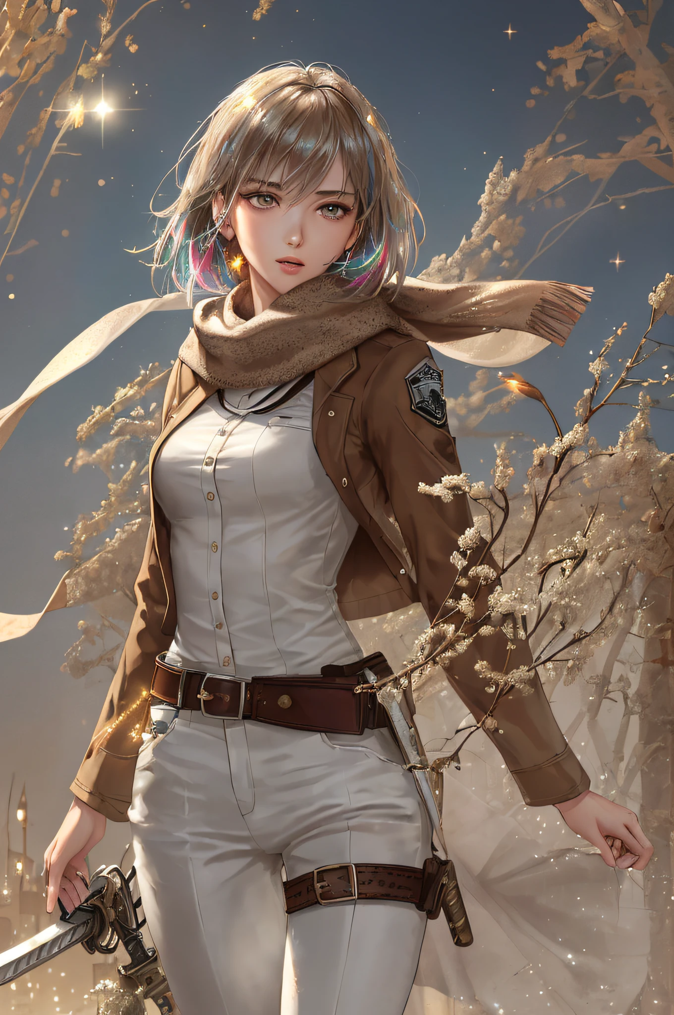 BREAK, 1girl, solo, looking at viewer, (young cute beautiful 18-year-old girl:1.4), 3d face, beautiful girl, Beautiful face, pretty, girlface, kpop idol, supermodel, stunning innocent symmetry face, perfect body, medium breast, slim waist, slim legs, (high detailed skin:1.4), glowing eyes, goddess, natural skin texture, shiny skin, White skin, Beautiful detailed face, detailed face, real skin texture, cute delicate face, finely detailed face, golden ratio, golden ratio face, expressive eyes, perfect face, perfect skin, flawless face, clear face, shiny hair, pale skin, Proper body proportion, perfect anatomy, realistic skin texture, luscious lips, glossy lips, natural makeup, beautiful bright pupils, slender figure, intricate eyes, detailed pupils, detailed face and eyes, longeyelashes, blush, good hand, perfect hands, pretty face, beautiful female bodies, finely detailed skin, oily shiny skin, BREAK, (((((Attack on Titan, (brown jacket, emblem, white shirt, white pants:1.5), (hmmikasa, short hair, black eyes, scarf, belt, thigh strap, red scarf, long sleeves:1.4), (holding weapon, sword, dual wielding, three-dimensional maneuver gear, fighting stance, sky:1.4), (battle, adventurous look:1.3), (blush, fantasy, scenery, plants, open mouth:1.2), (highly detailed worn metal texture:1.2), (floating colorful sparkles, light is shining, dust is drifting, floating catkins, fog, wind:1.2), (rust, dirt, dust, scratches, abrasions on the metal texture:1.2), (fly:1.4), (Luminescent Part