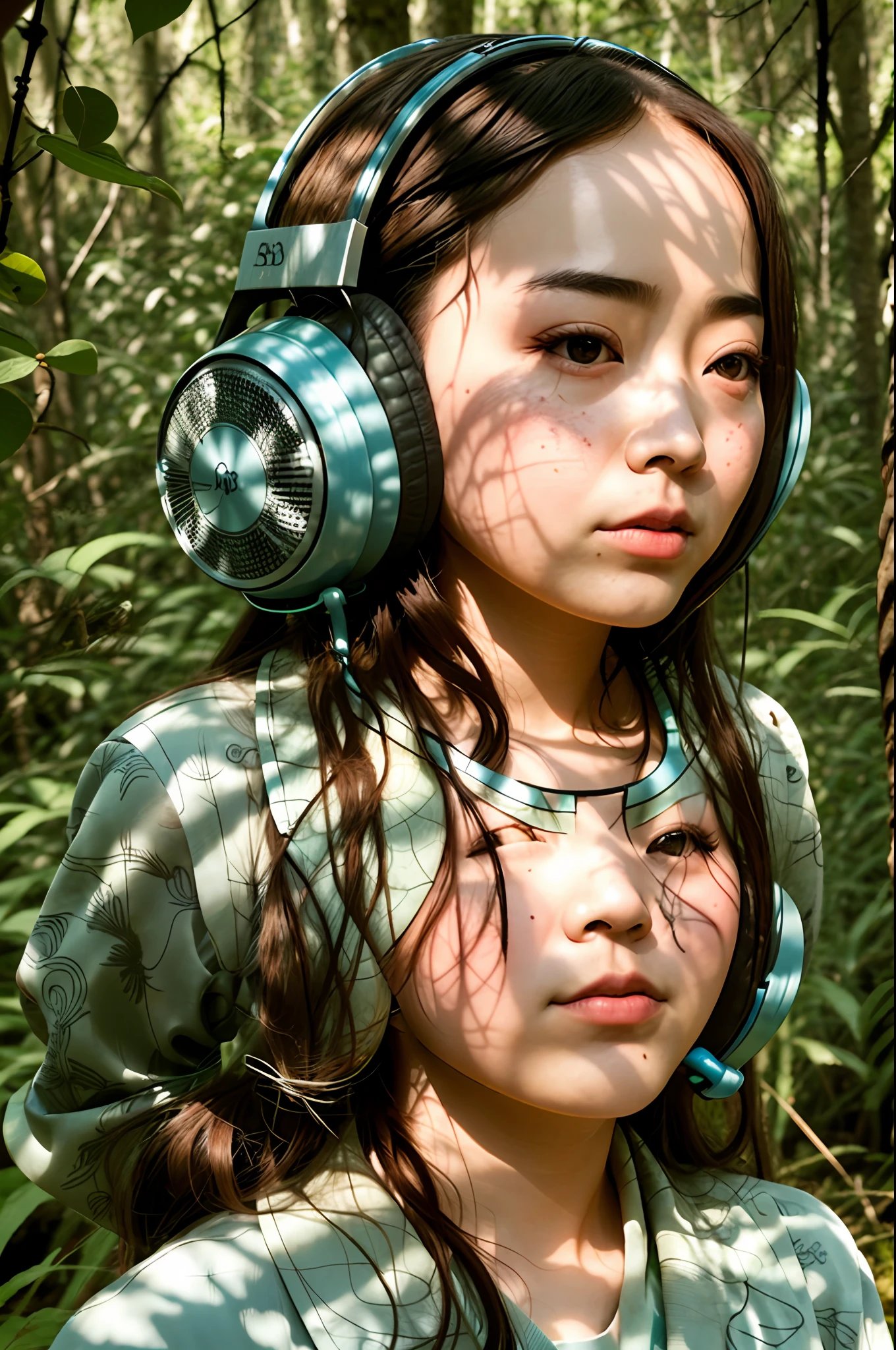 Chinese mordel with (headphones:1.1), in a forest, blue eyes, looking at camera