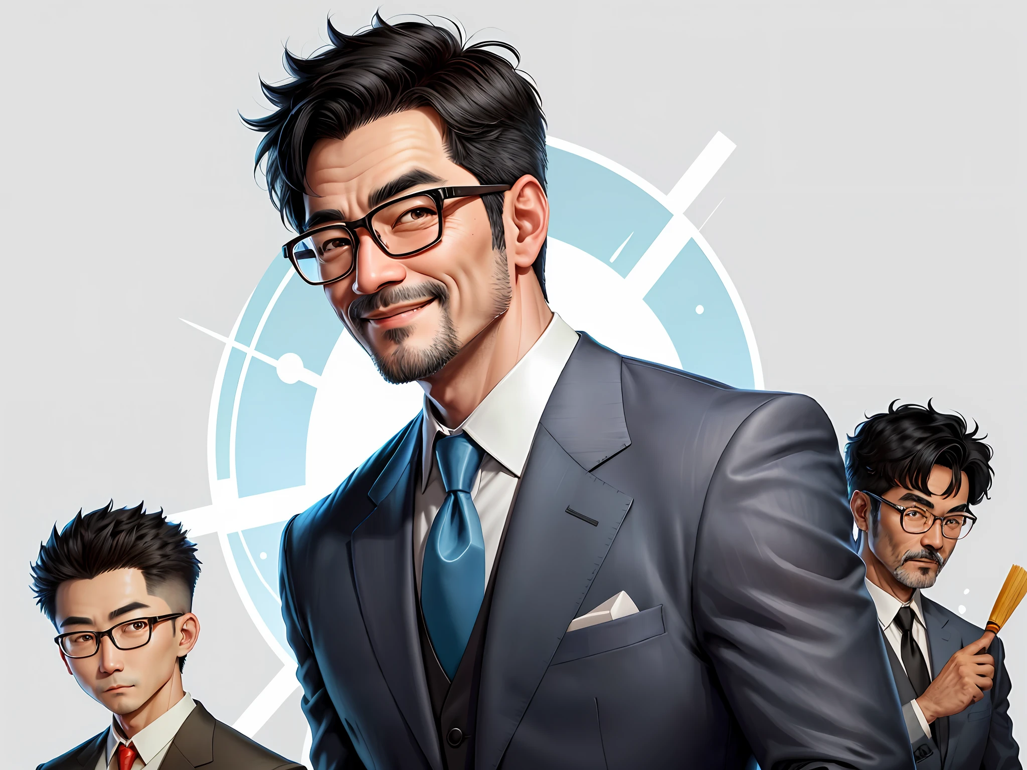 Taiwanese middle-aged uncle male portrait, extremely detailed face, black hair, (super short hair) middle-aged handsome uncle, Taiwanese man, silver glasses, slightly chubby face, very clean face, black super short hair, black eyes, black suit, blue tie, confident smile, digital painting, film, character design of Mark Laedon and Pixar and Hayao Miyazaki, the illustration is a 4K resolution HD illustration with very detailed facial features and cartoon-style visuals.