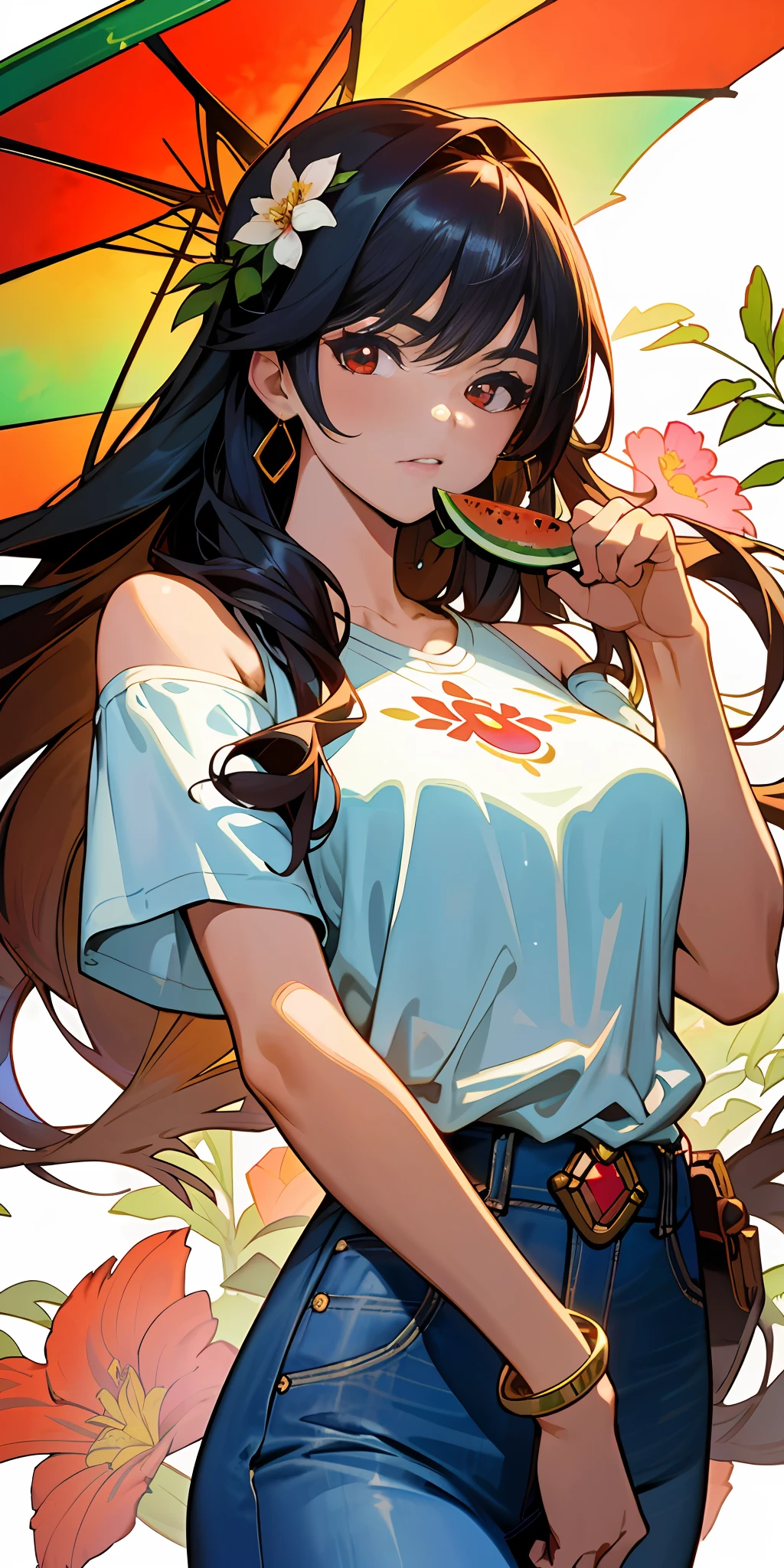 illustration style, Tatoon style, manga style, ashley alexis argentina, beautiful woman with super detailed long hair, (beautiful and clear background: 1.2),,background, mixed language_text, japanese letters in graffiti, girl, excellent lighting, fantastic drawing, graffiti style, flowers, highly detailed eyes, white t-shirt or dress with Jaeans jacket and white shirt underneath, fists in battle stance, and bracelet to fight the enemy, Long black hair, stained glass windows, eating watermelon, vibrant, Alphonse Mucha style, dream paintings by Joe Madurella, high quality, masterpiece, best quality, high quality, landscape, award-winning photography, HDR, very detailed, art trends, CG social trends, complex, high detail, (masterpiece: 1.2, best quality), (fine beautiful eyes: 1.2), very beautiful woman)), ((solo exhibition)), (red eyes: 1.4), (Delicate eyes and detailed face: 1.3),), (Jeans and white T-shirt or dress: 1.3), (Beautiful clear background: 1.2), (Very detailed, ultra-detailed CG, Best Shadow: 1.1), ((Depth of Field)), ((Watercolor)), Room, bare shoulders, Flowers and petals, Beautiful concept illustration, (White background: 0.5), (Illustration: 1.1), (Extremely thin and beautiful: 1.1), (Perfect detail: 1.1)