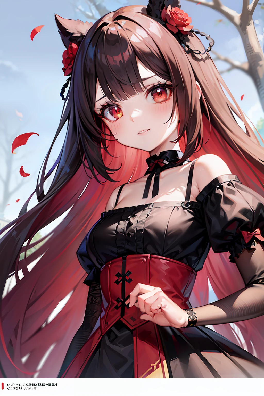 beautiful and detailed girl with beautiful and detailed face with red long hair, a extremely delicate and beautiful girl, anime screencap, Shock sensation, Beautiful detailed girl, upper_body, look_up_to, arms_behind_back, petite, girl,woman,female, ,child,ars olir, hime cut, wept bangs, floating hair, red hair, beautiful detailed hair, Authentic and detailed face, happy, lovely big eyes, silver eyes, beautiful hair ornaments, choker, beautiful detailed black gothic Empire Waist Dress, black_footwear, Flying red petals, Floating, The grass sways in the wind, detailed shadow, artbook, extremely detailed 8K wallpaper, absurdres, highres,
