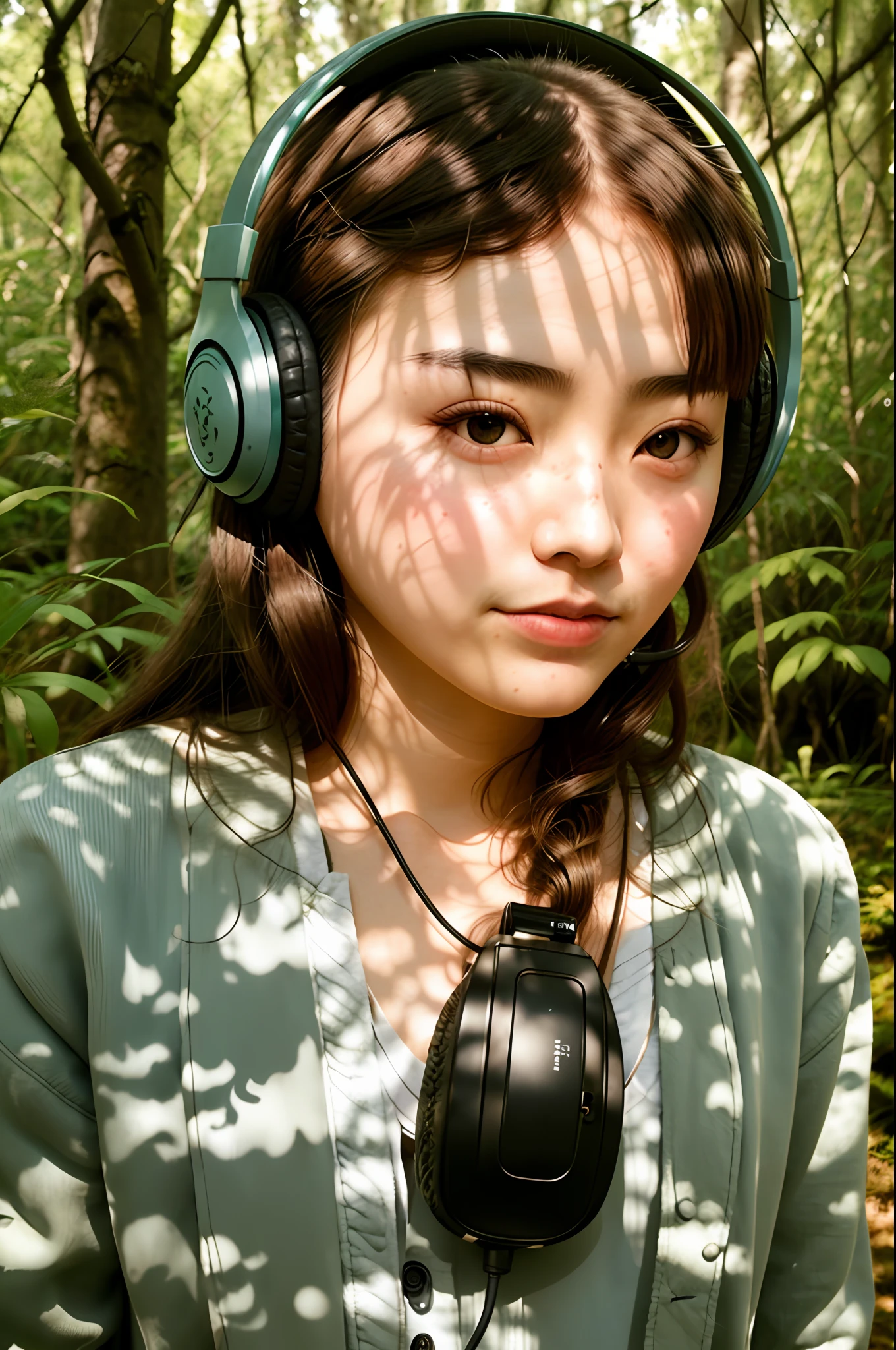 Chinese mordel with (headphones:1.1), in a forest, blue eyes, looking at camera