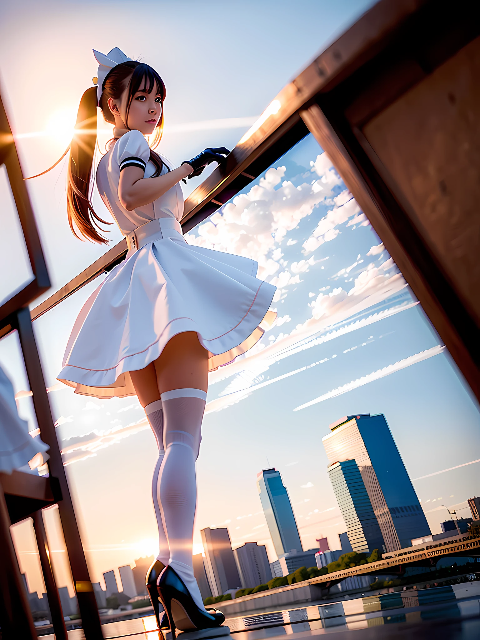 (Highly detailed CG Unity 8k wallpaper), (Best quality), (Super detail), (Best Illustration), (Best Shadow), (Photorealistic:1.4), Look away, Smiling, 1 girl, pretty girl, Alafe dressed in maid clothes and high heels posing for photo, cute playful pose of dancer, anime girl in maid costume, gorgeous maid, maid clothes, maid café in Japan, french maid, anime Barbie in white stockings, maid in maid uniform, maid dress, maid, girl in maid costume, clenched fist, beautiful legs,