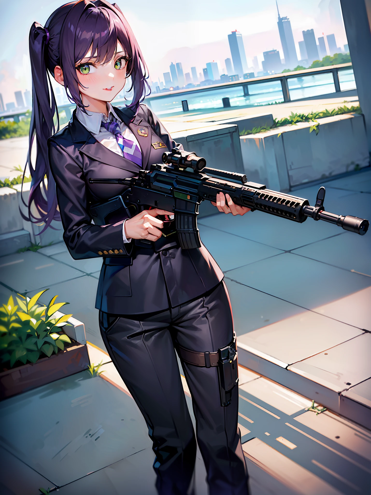 ((masterpiece)), ((best quality)), ((highres)), 1girl, solo, police officer, (matching pants, slacks), city backdrop, (holding rifle, assault rifle, service rifle, detailed rifle, m16a2, trigger discipline), standing, medium hair, (purple hair, twintails), (green eyes),