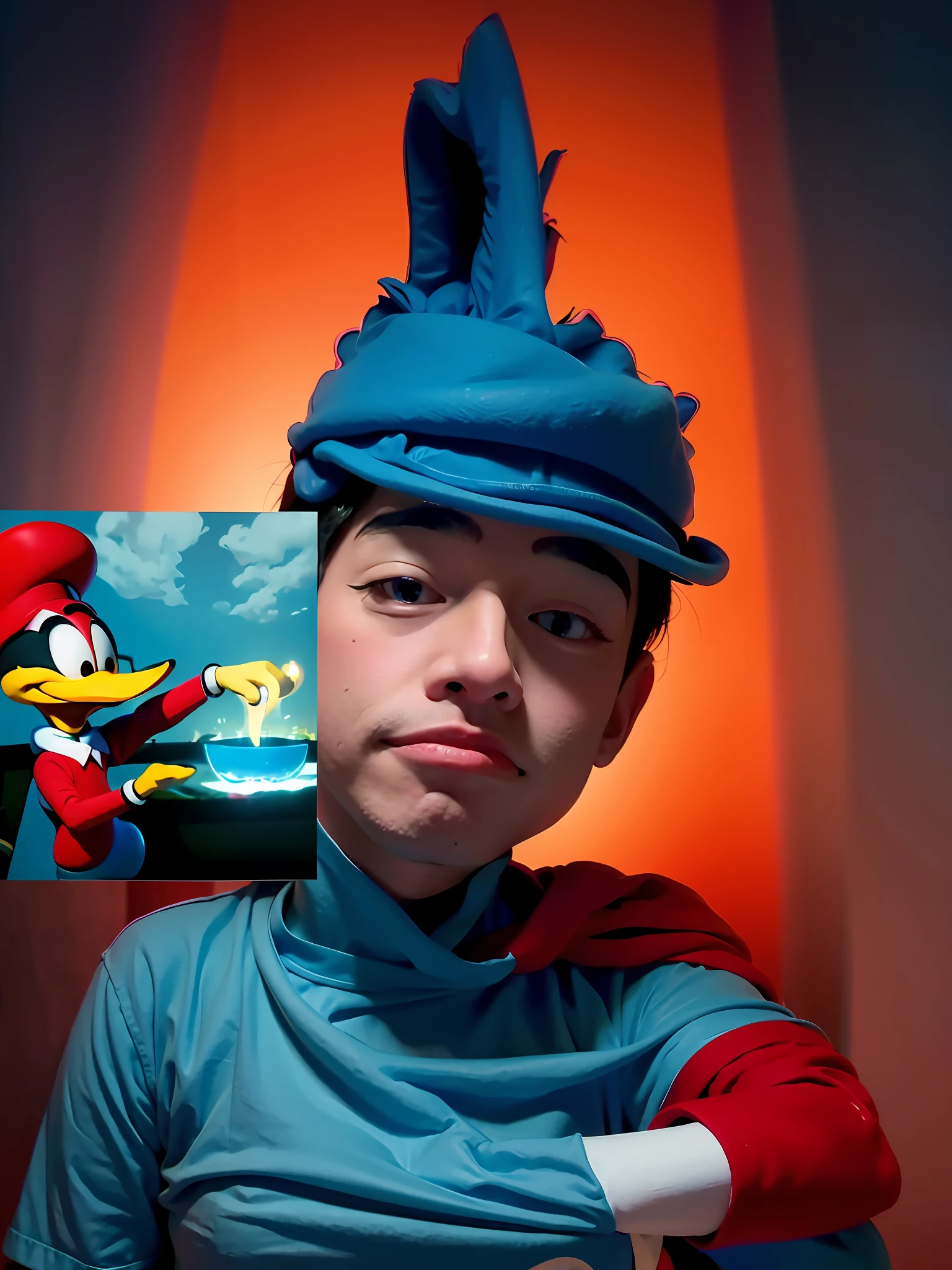 arafed man with a blue shirt and a red hat pointing at a cartoon, donald duck in real life, mateus 9 5, condorito, soy fan de quino, low quality video, in cartoon style, youtuber, loony tunes style, youtube thumbnail, juanmao, very very low quality picture, digital art. @mariomaniacdude