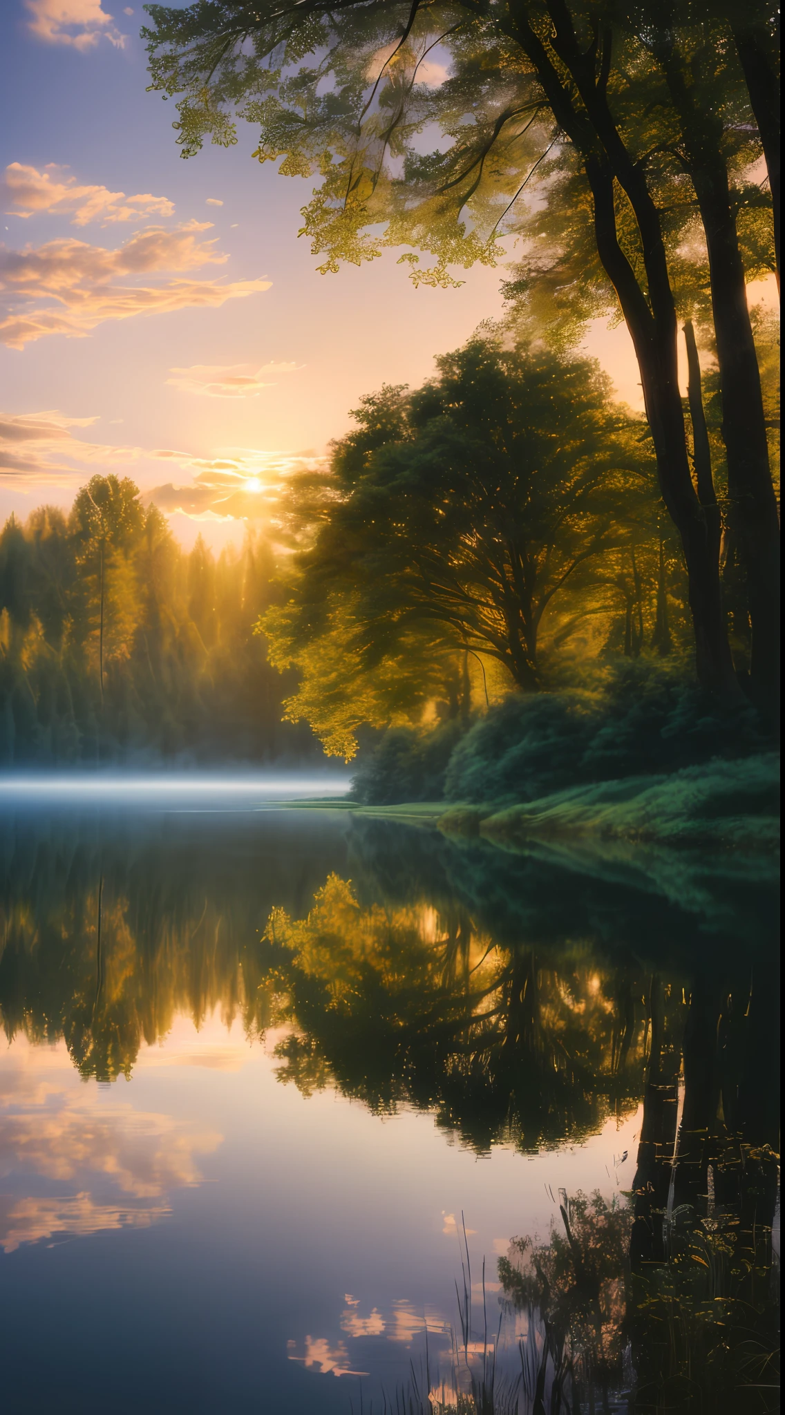 wallpaper, summer, lake, dawn, forest, detailed forest, clouds, masterpiece, cinematic, soft light, depth of field, ray tracing, reflection in water, realism, ulra detailed,
